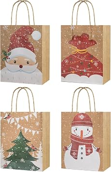 CHARMGIFTBOX 12PCS Kraft Christmas Paper Bags with Handles, 23x18x10cm Jute Brown, 4 Festive Designs for Holiday Party Favours, Gift Wrapping & Xmas Decor