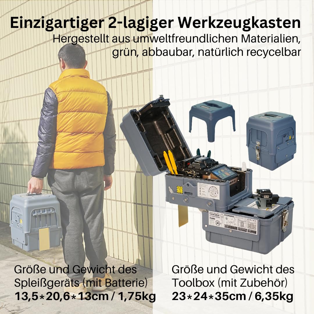 SD-9 Glasfaser Spleißgerät mit OPM und VFL Erstaunlich 5-Sekunden-Spleißen und 11-Sekunden-Heizung, Fusion Splicer LWL Spleißgerät Kit Kernausrichtung 6 Motoren mit 7200-mAh-Akku