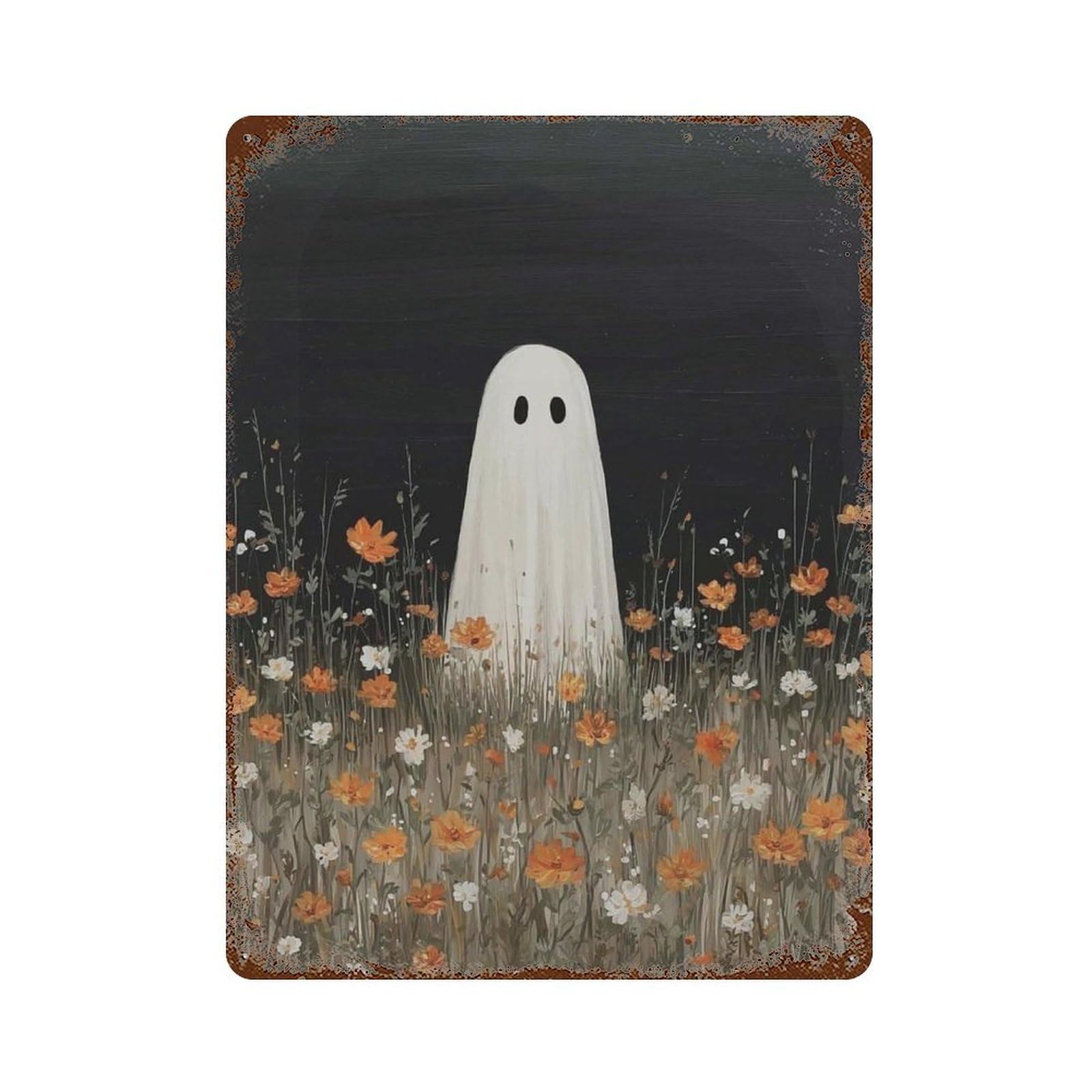 xiaoxiaoshen Ghost in The Meadow Whimsical Halloween Cozy Autumn Cute Spooky Aesthetic Painti Wall Decor Art Metal Tin Poster Modern Home Decor Art Home Bar Shop Decorations Vintage Sign 40x30cm