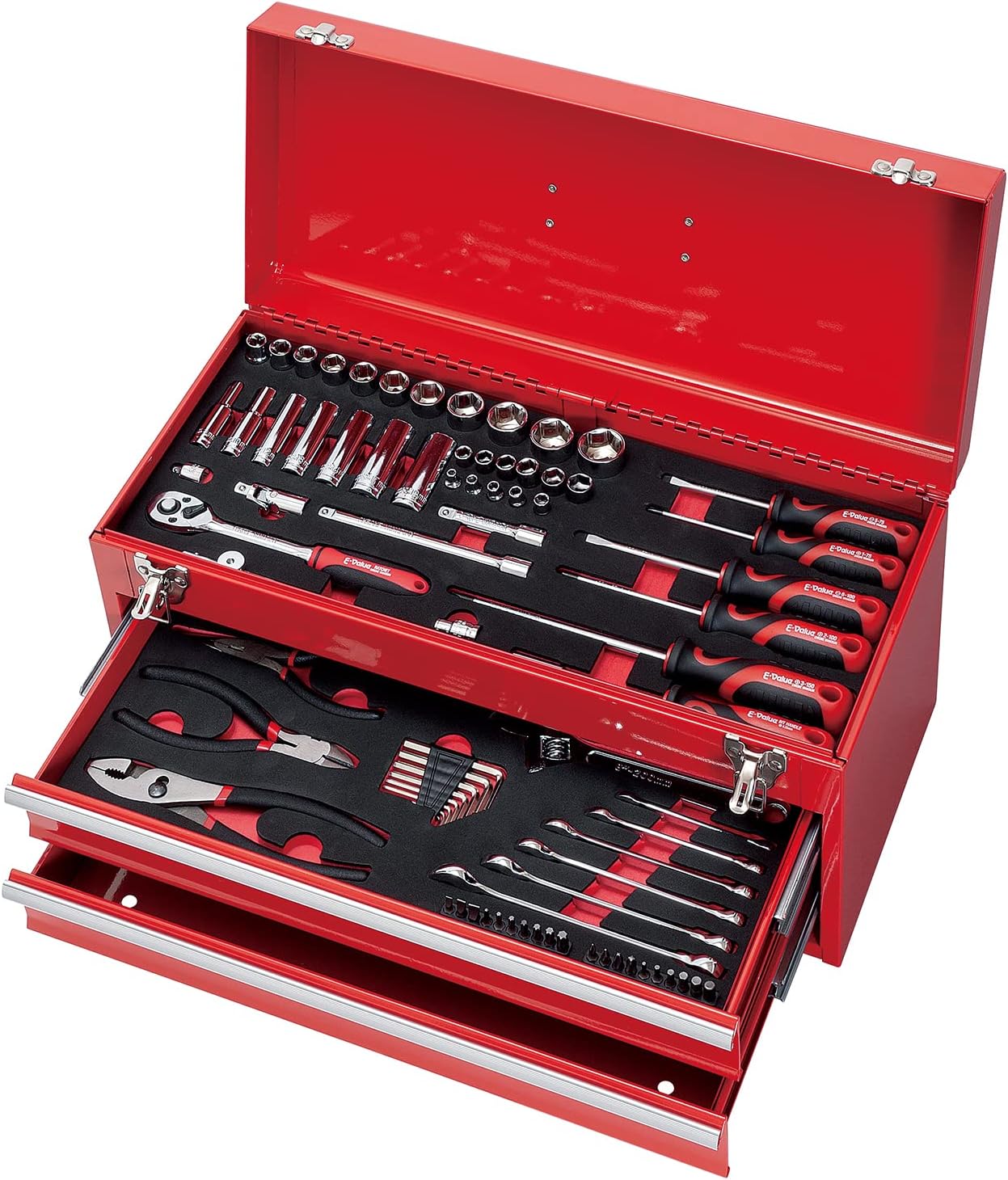 E-Value EST-2280RE Maintenance Tool Set, 80 Tools + Tool Chest, Red, EVA Mat Tray, Compatible with Various Maintenance Work, Motorcycles and Cars