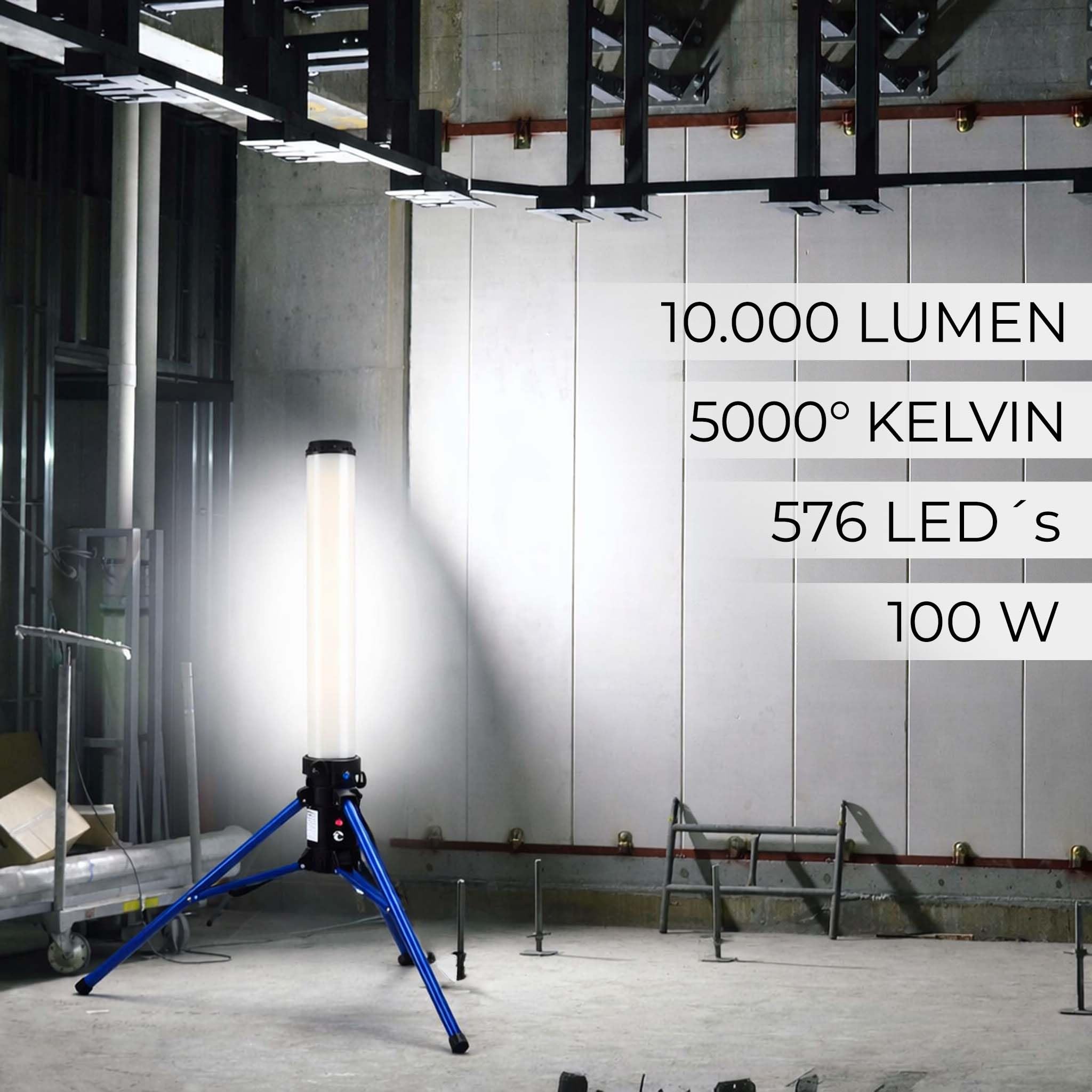 XPOtool LED Tower 100W 360° Ausleuchtung Baustrahler 10.000 Lumen Arbeitsstrahler mit Steckdose