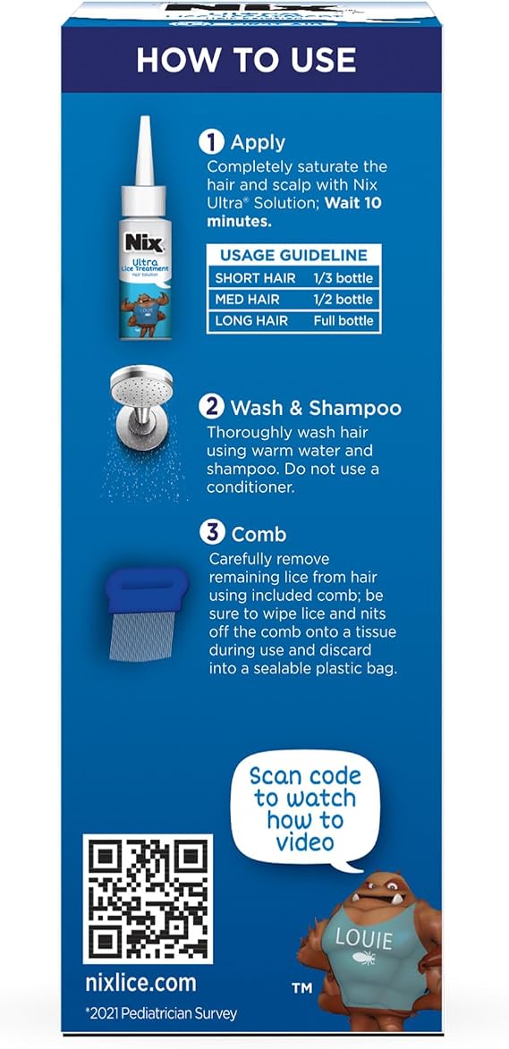 Nix Ultra Lice Treatment Hair Solution & Lice Comb, Kills Superlice & Eggs, 3.4 Fl Oz