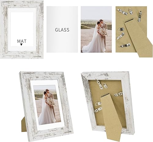 Miniatura 2 de Juego de 4 portarretratos de 5 x 7 pulgadas, de vidrio real y marco de madera blanco desgastado, exhibición en pared o mesa, para fotos de 4 x 6