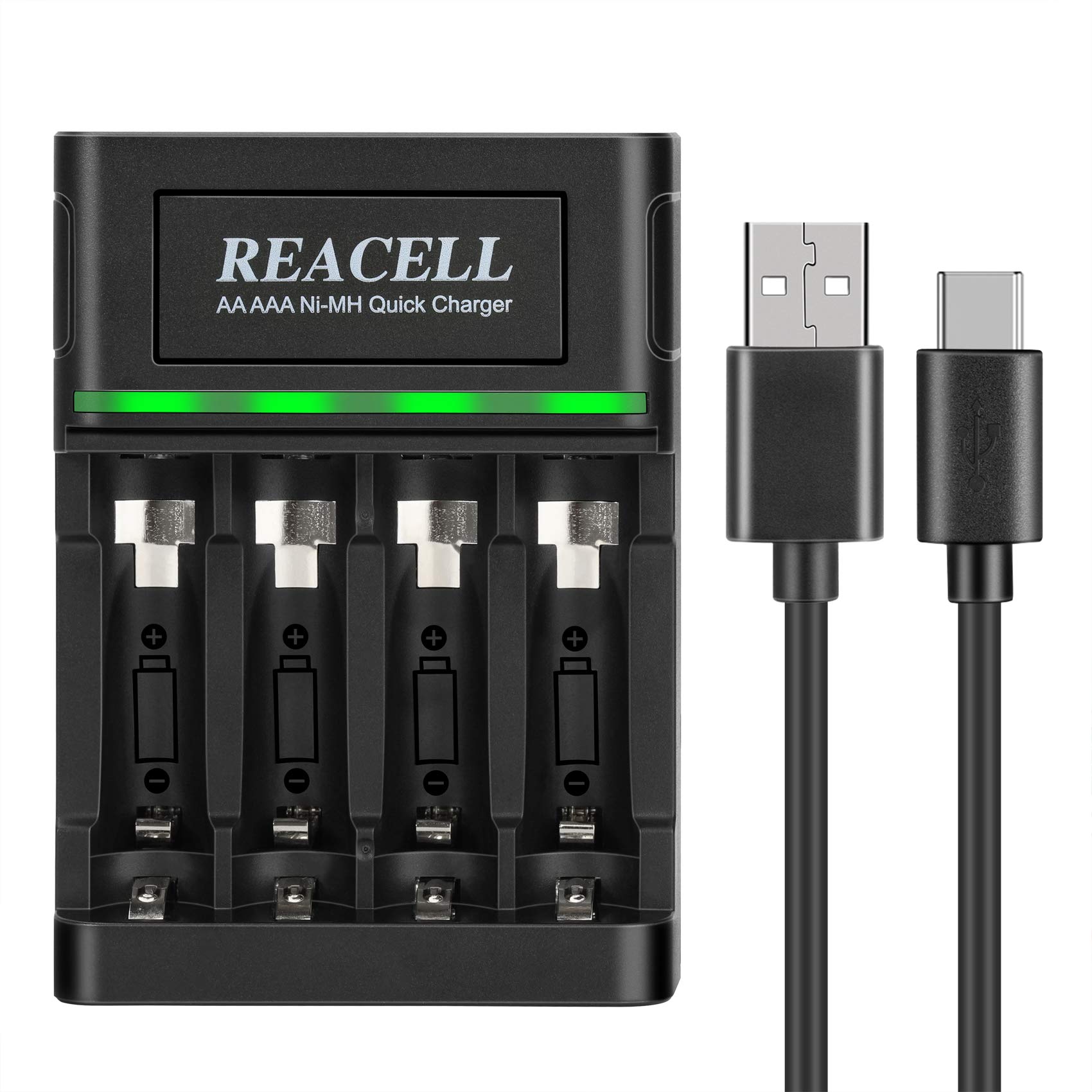 Rechargeable Battery AA AAA Charger, REACELL 4 Slots Charger for Ni-MH Ni-CD Batteries with Type C and Micro USB Input, Fast Charging Function, Battery Charger (Only for AA AAA Batteries)