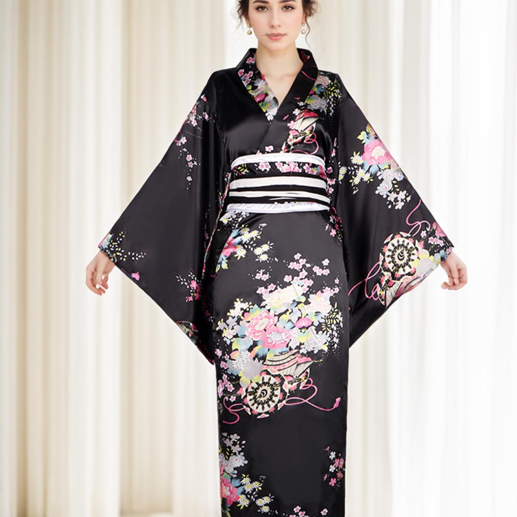Yeory Yukata pour Femmes, Motif Floral de Robe Japonais, Robes de Kimono en Fleur Traditionnelle, Robe de Chambre Japonaise Noire