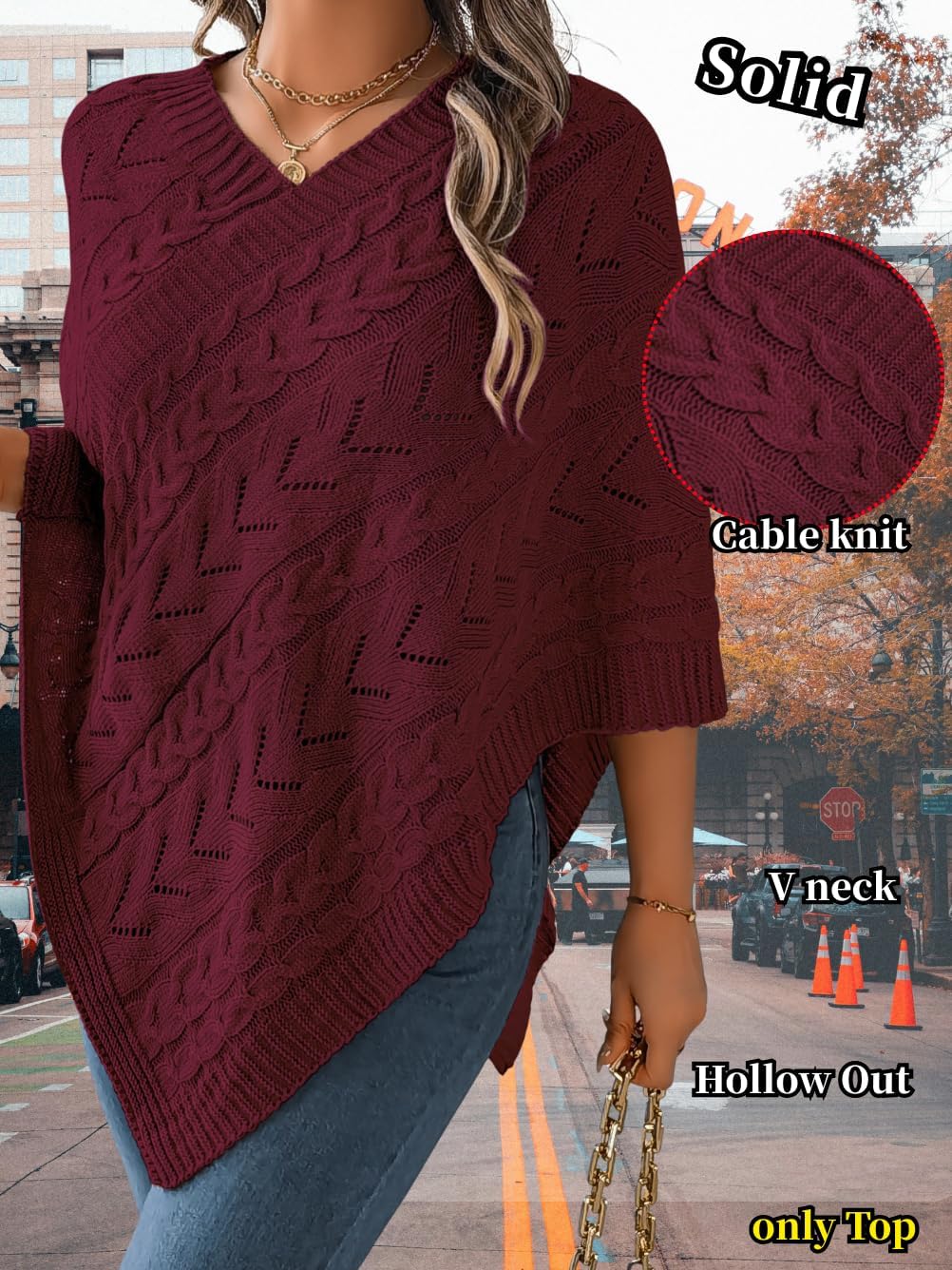 Women Knit Poncho Sweater, Irregular Hallow Out Cape Top Casual Fashion, Lightweight Knitted Shawl Wraps Fall Winter - Image 2