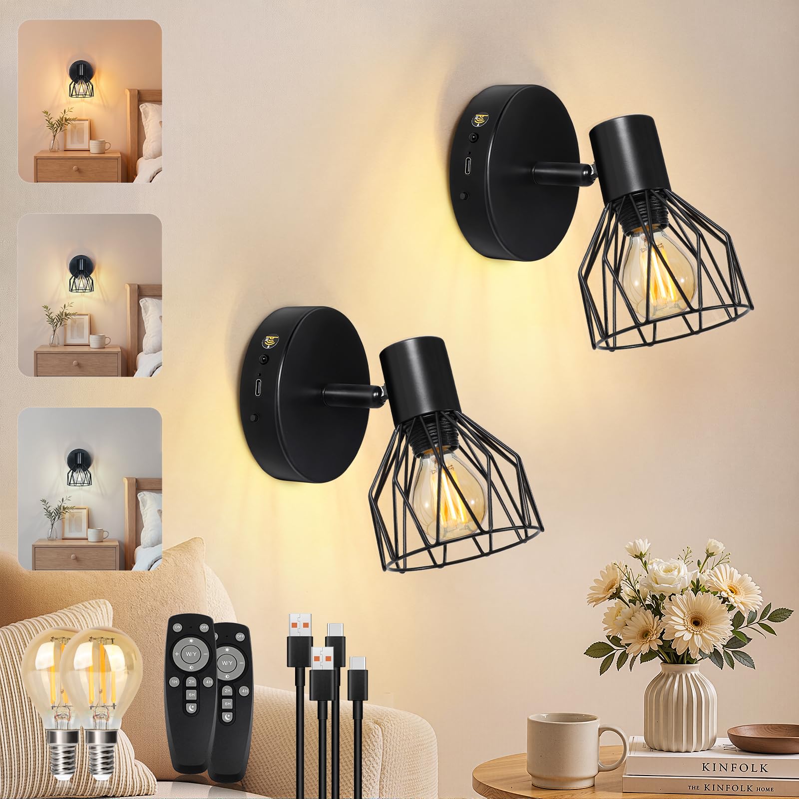 Kimjo Applique Murale Intérieure Rechargeable, Noir Lampe Murale Sans Fil