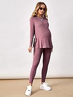 Vista 5 de OYOANGLE Conjunto de camiseta de maternidad con cuello redondo y nudo lateral para mujer