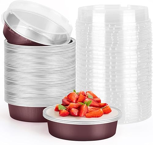 Vista 193 de Beasea Latas desechables para tartas de 4 pulgadas, paquete de 50 mini sartenes con tapas, molde de aluminio dorado de 8 onzas, moldes para tartas