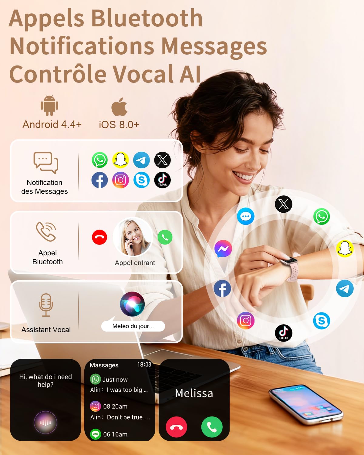 Montre Connectée Femme avec 4 Bracelets Appel Bluetooth 1.75" Smartwatch Femme pour iPhone Android Fonction Féminine Podomètre Fréquence Cardiaque Sommeil SpO2 100+ Sport Montre Intelligente, Or rose
