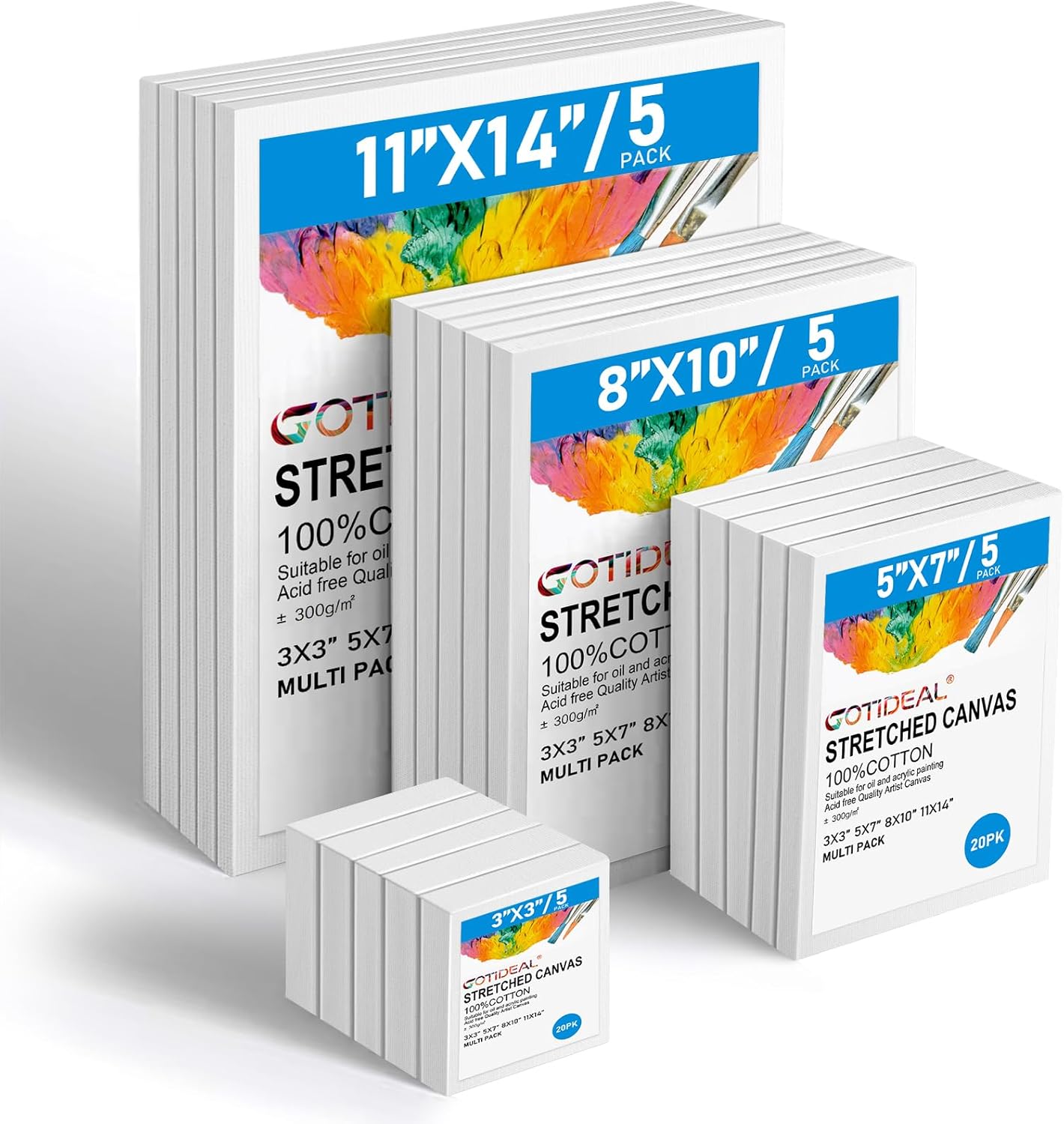 Gotideal Canvas for Painting, 20 Pcs Multi Pack Stretched Paint Canvas, Blank Painting Canvases for Acrylic,Oil,Art Supplies for Artists,Adults 3x3,5x7,8x10,11x14 5pcs of Each