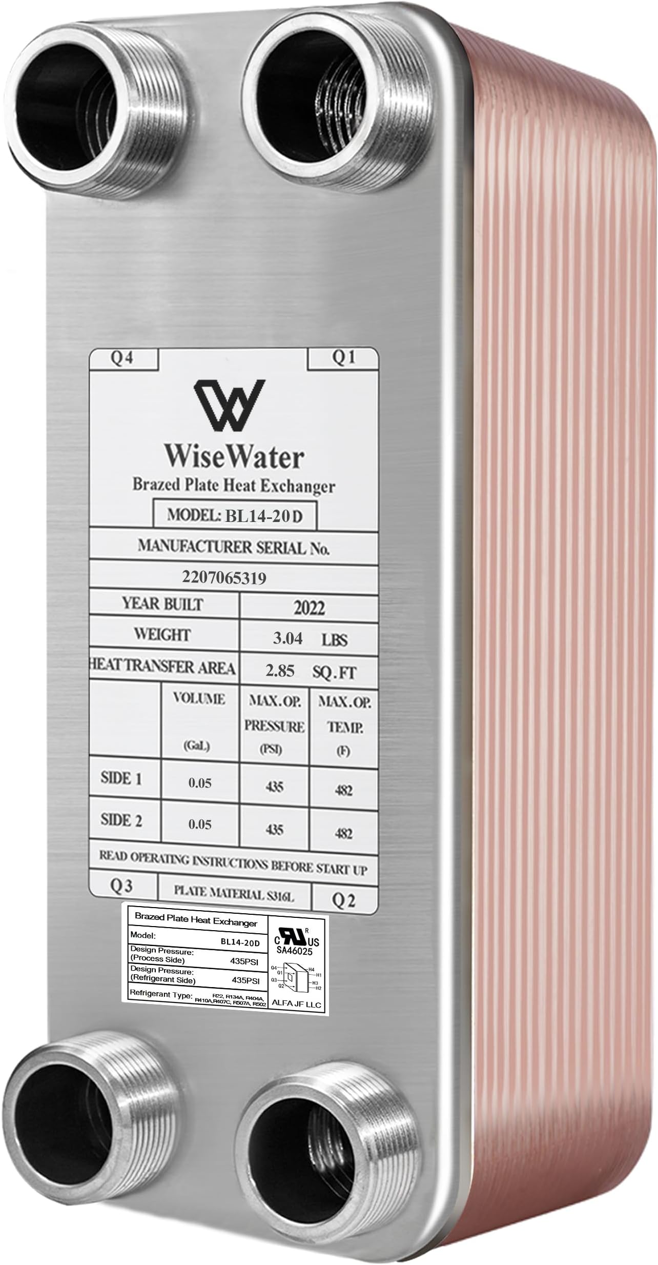 AB Plate Heat Exchanger, 3"x8" 20 Plates Water To Water Heat Exchanger, Copper/SS316L Stainless Steel Brazed Plate Heat Exchanger For Floor Heating, Water Heating, Snow Melting
