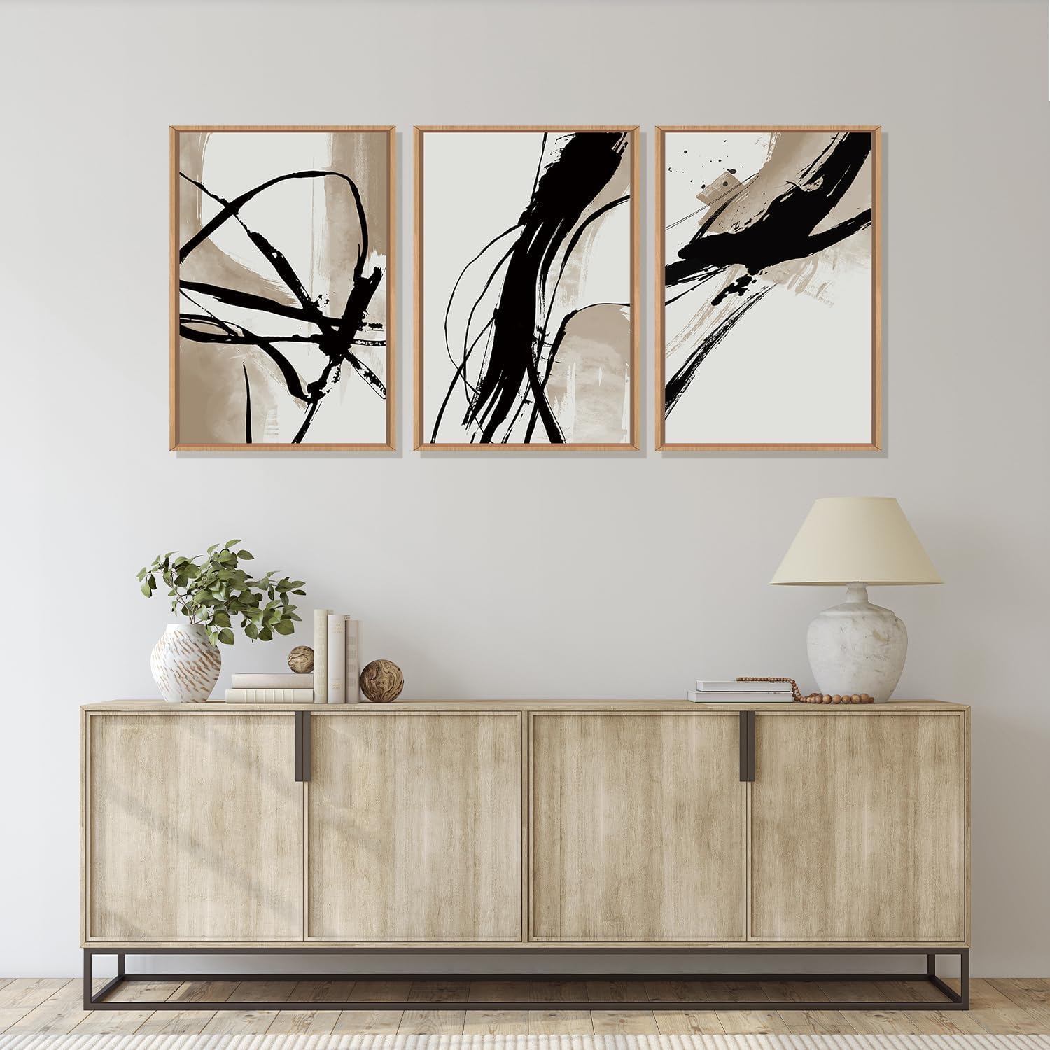 BINCUE 3 piezas Beige Abstracto Arte de Pared Sepia y Negro Pincelada Lienzo Mural, Beige Marrón Línea de Tinta Póster, Cuadros Abstractos Modernos con Marco Decoración de Pared para Salón, Dormitorio