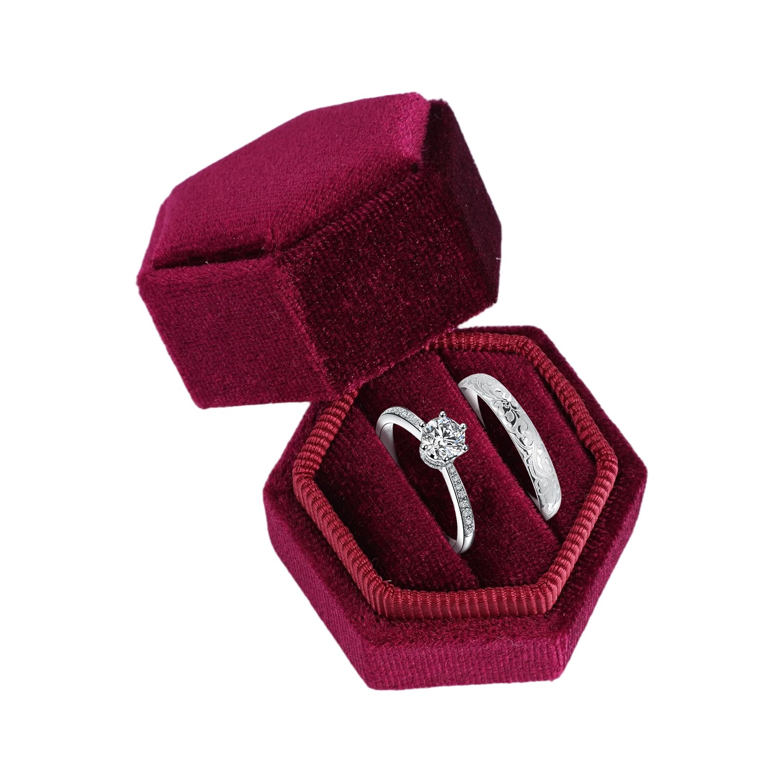 Fyrdm 1 Stück Sechskant Ringschatulle für 2 Ringe, 5×4.5×4.5cm Ringbox Hochzeit Samt, Sechseckige Ringbox mit Zwei Schlitzen, Sechseckige Ringboxs aus Cordstoff für Frauentag, Hochzeiten, Verlobungen
