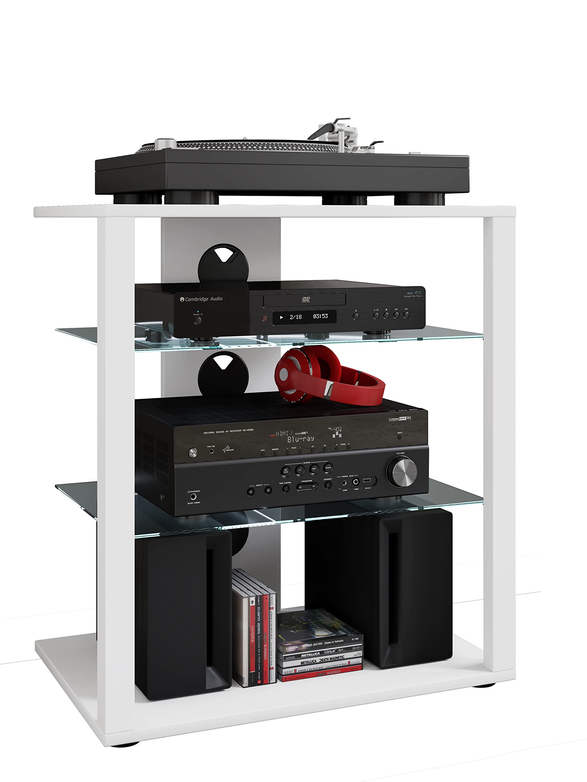 VCM Mobiletto Rack HiFi Scaffale Phono Scaffale Phono Media in Vetro Folas Mobiletto Rack HiFi Scaffale Phono Scaffale Phono Media in Vetro Folas Bianco