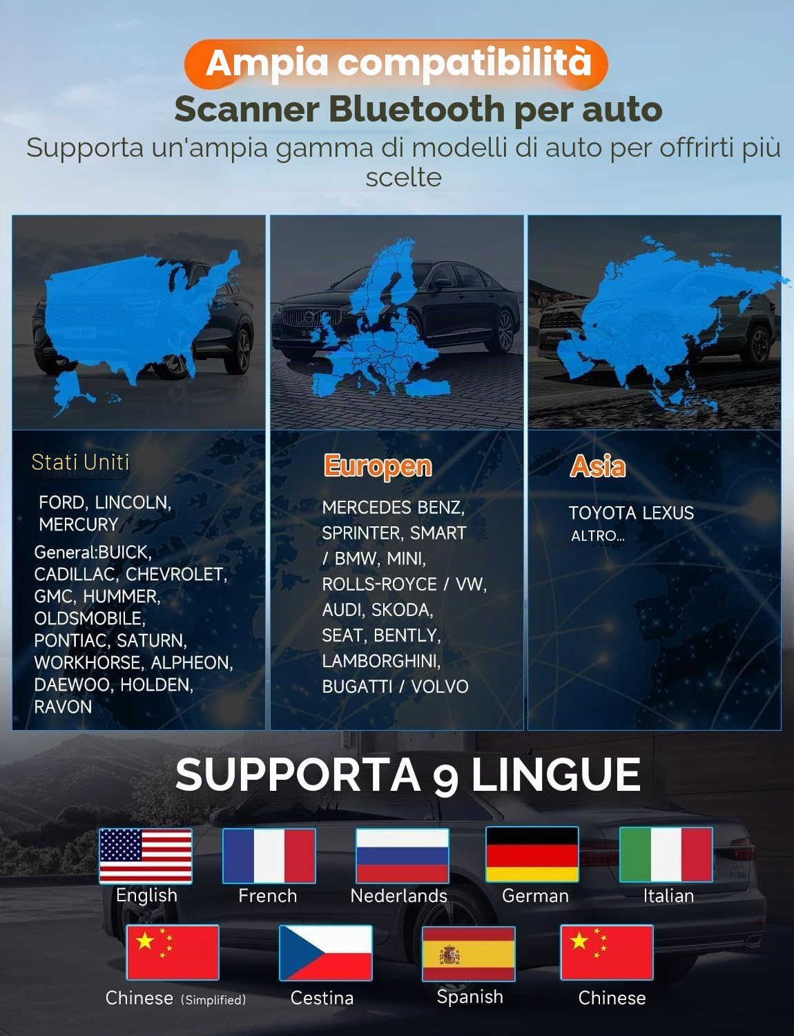 AUTOPHIX Adattatore Bluetooth OBD2, dispositivo diagnostico per auto, controllo motore ABS SRS, trasmissione wireless, lettore di codici di errore, con test della batteria, app esclusiva per iPhone e