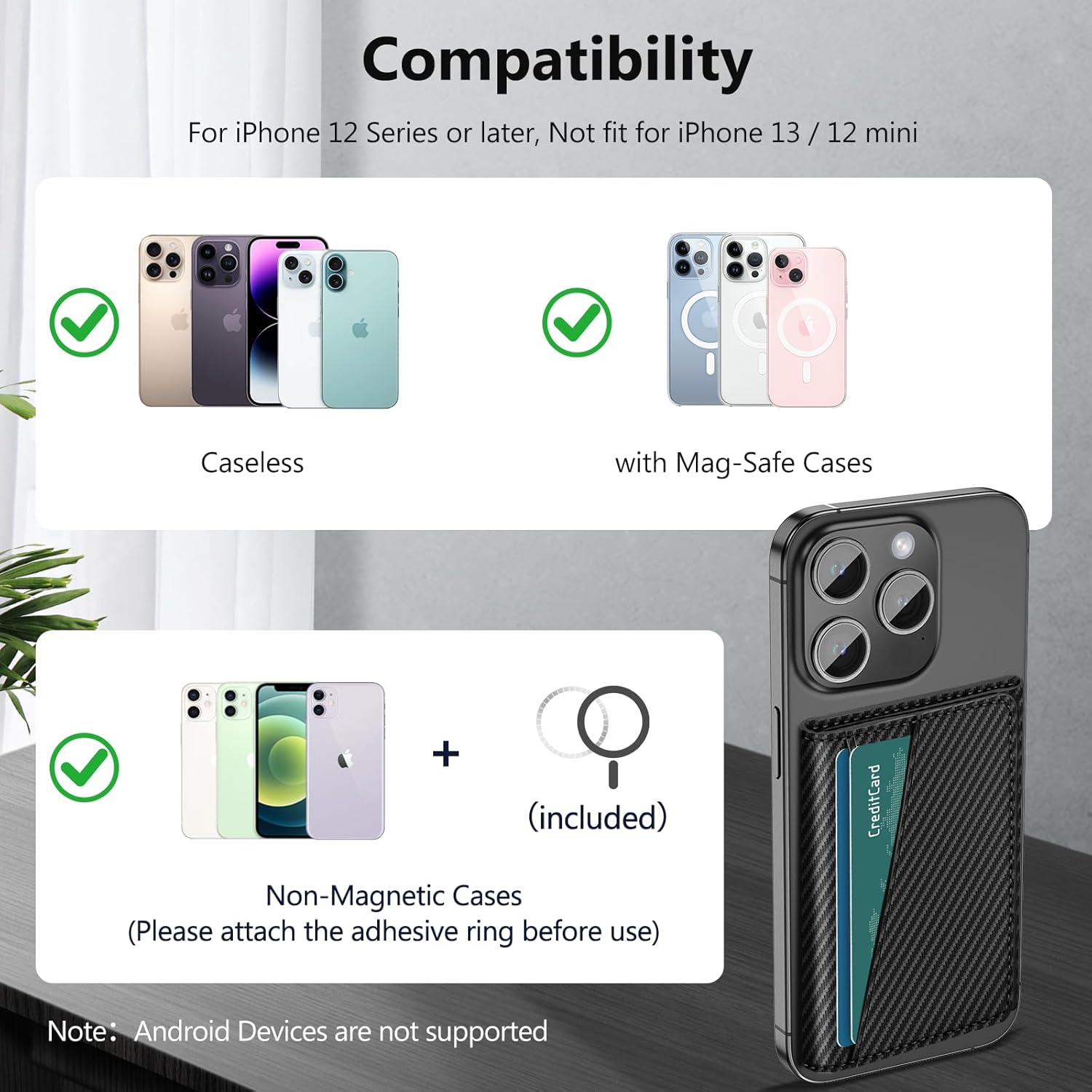 Diagram showing how to attach the self-adhesive metal ring to a non-magnetic phone case for MagSafe compatibility.