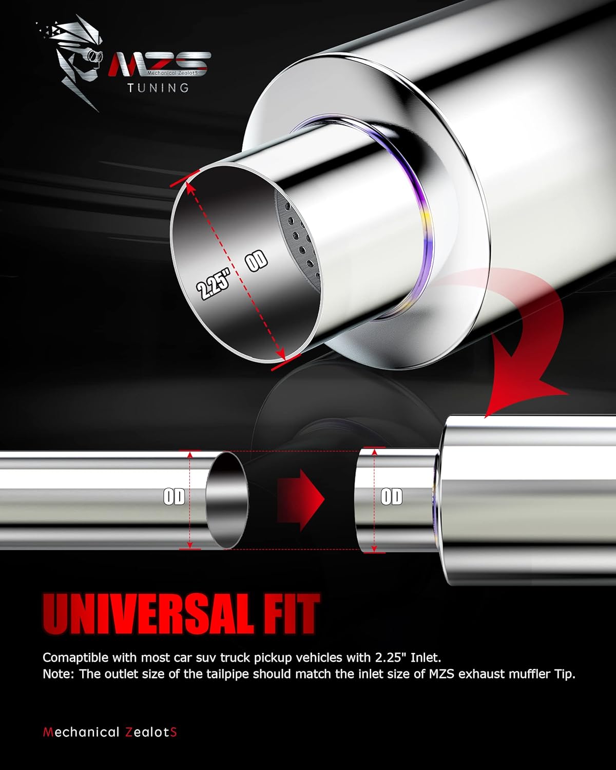 MZS Exhaust Muffler, Stainless Steel Exhaust Tip 15" Length 2.25" Inlet 3" Outlet Universal for Car Sedan SUV Truck Vehicles - Titanium Burnt Tip