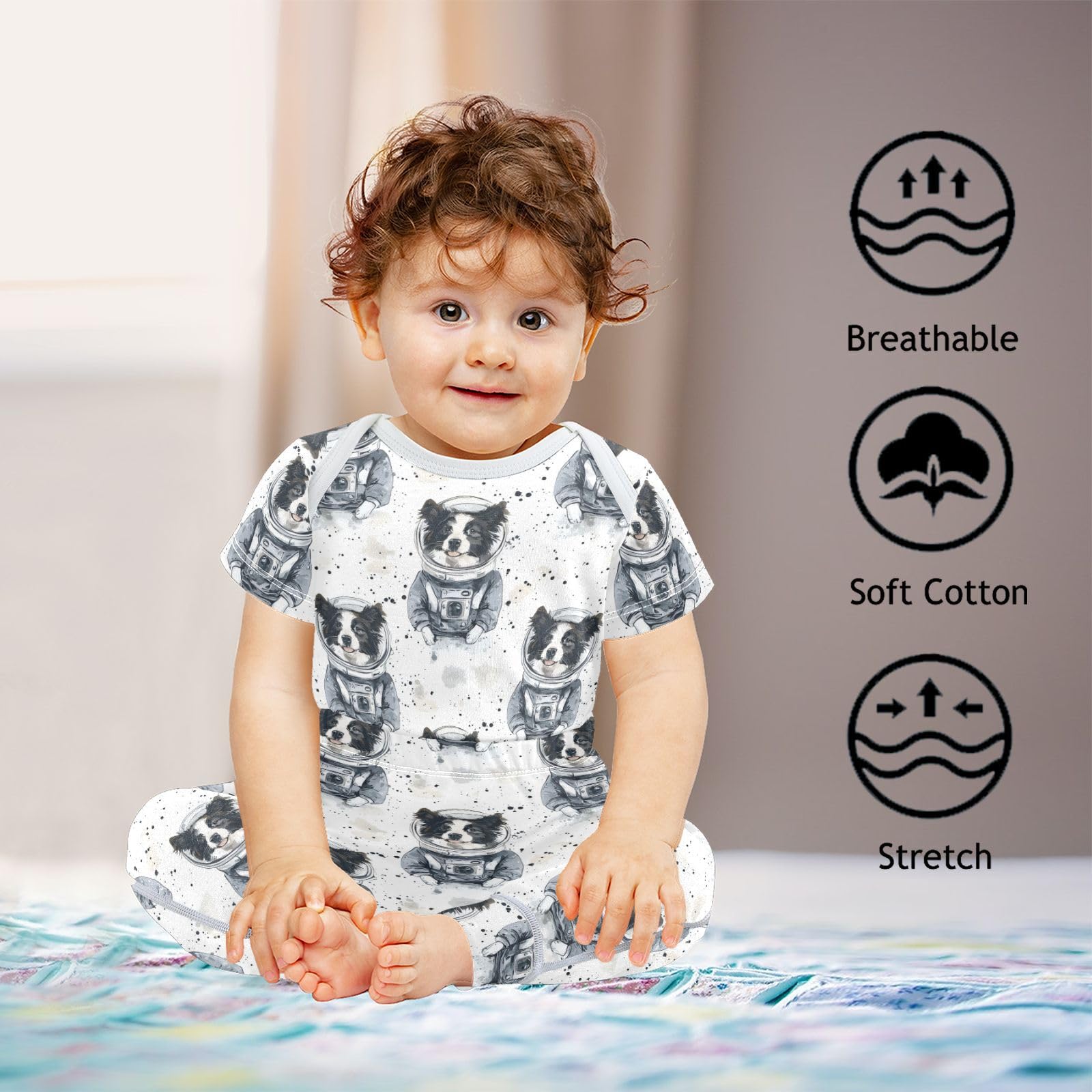 vvfelixl Border Collie Astronaut Baby Bodysuits Set,Baby Layette Sets Unisex Short Sleeve Babys Pants Sets 6-9M