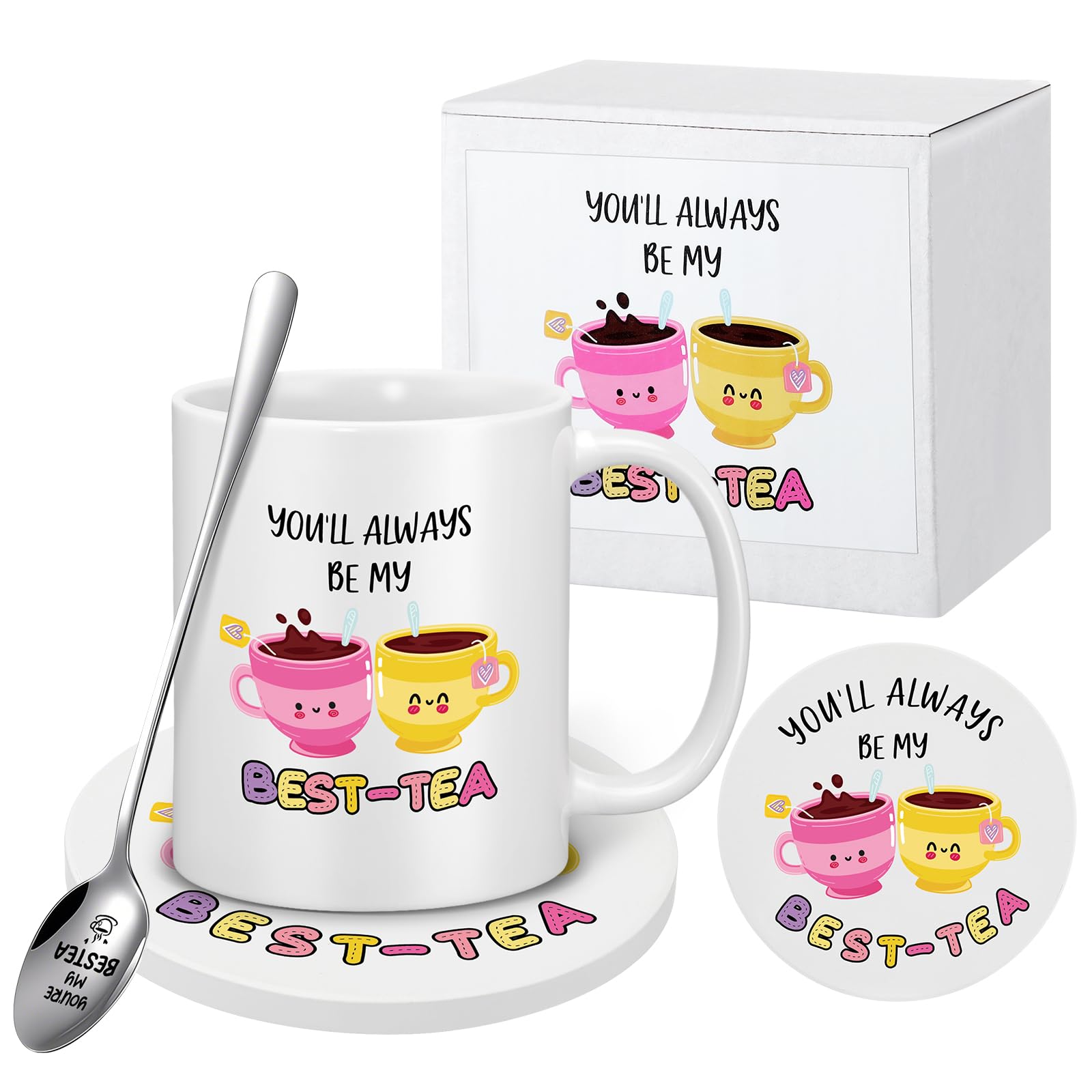 Didaey 3 Pcs Best Friend Gift for Women Include BEST-TEA Friend Coffee Mug Besties BFF Friendship Coaster and Spoon for Birthday Mother's Day