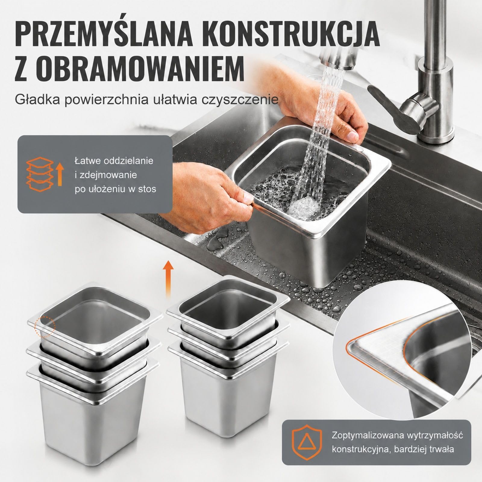 Pojemniki Gastronorm Zestaw 6 Sztuk, Rozmiar 1/6, Stal Nierdzewna 201, 2,42 l, Srebrne, do Bufetu Cateringu Kuchni