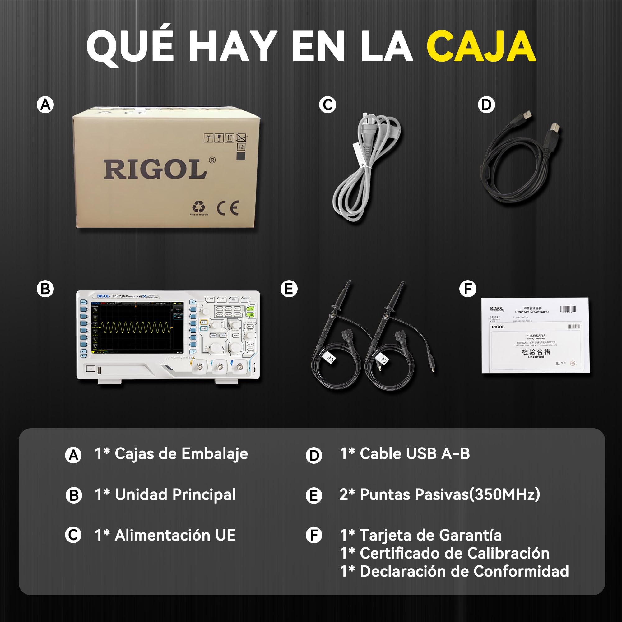 RIGOL Osciloscopio,DS1202Z-E Osciloscopio Digital,200 MHz,2 canales+EXT,pantalla de fósforo HD de 7 pulgadas,Alta relación calidad-precio,ideal para I+D,mantenimiento y enseñanza en laboratorio