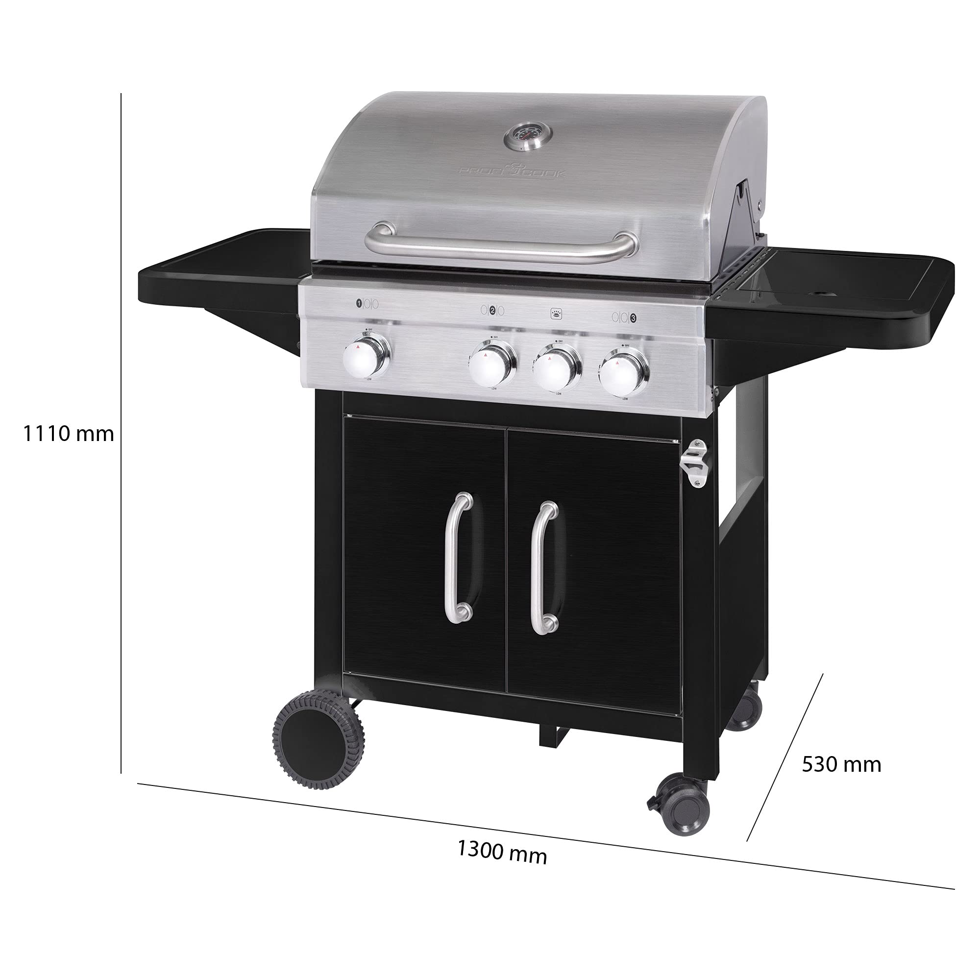 ProfiCook PC-GG 1219 - Barbacoa de gas, 3 quemadores de acero inoxidable + fogones adicionales (3 + 1), superficie de parrilla de 66 x 38 cm, 4 ruedas (2 de ellas con bloqueo), color negro