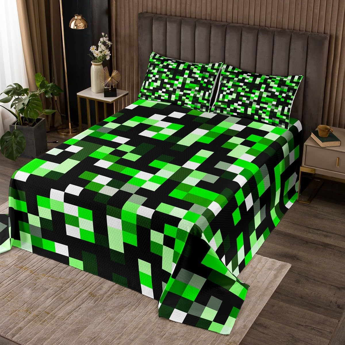 Castle Fairy Blue Pixel Block Bedspread Twin Size,Miners Video Games Bedding Sets 2Pcs for Kids Girls Boys Room Decor,Geometric Plaid Comforter Set Modern Cool Quilt Coverlet,1 Pillowcase