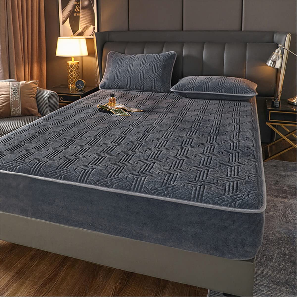 DXNB Fitted Sheet 3 PCS Set Extra Soft Fleece Winter Plush Elastic Bed Sheet Soft Warm Velvet Bedspread Mattress Cover Bed Linen Protector (Color : Black Gray, Size : 180x200cm)