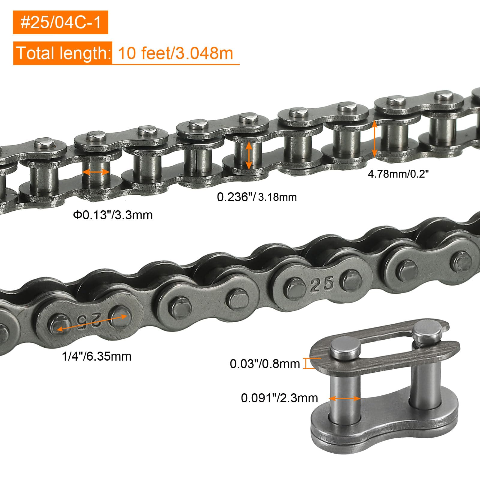 QUARKZMAN Cadena de Rodillos 1/4" 10 Pies 480 Eslabones Acero al Carbono