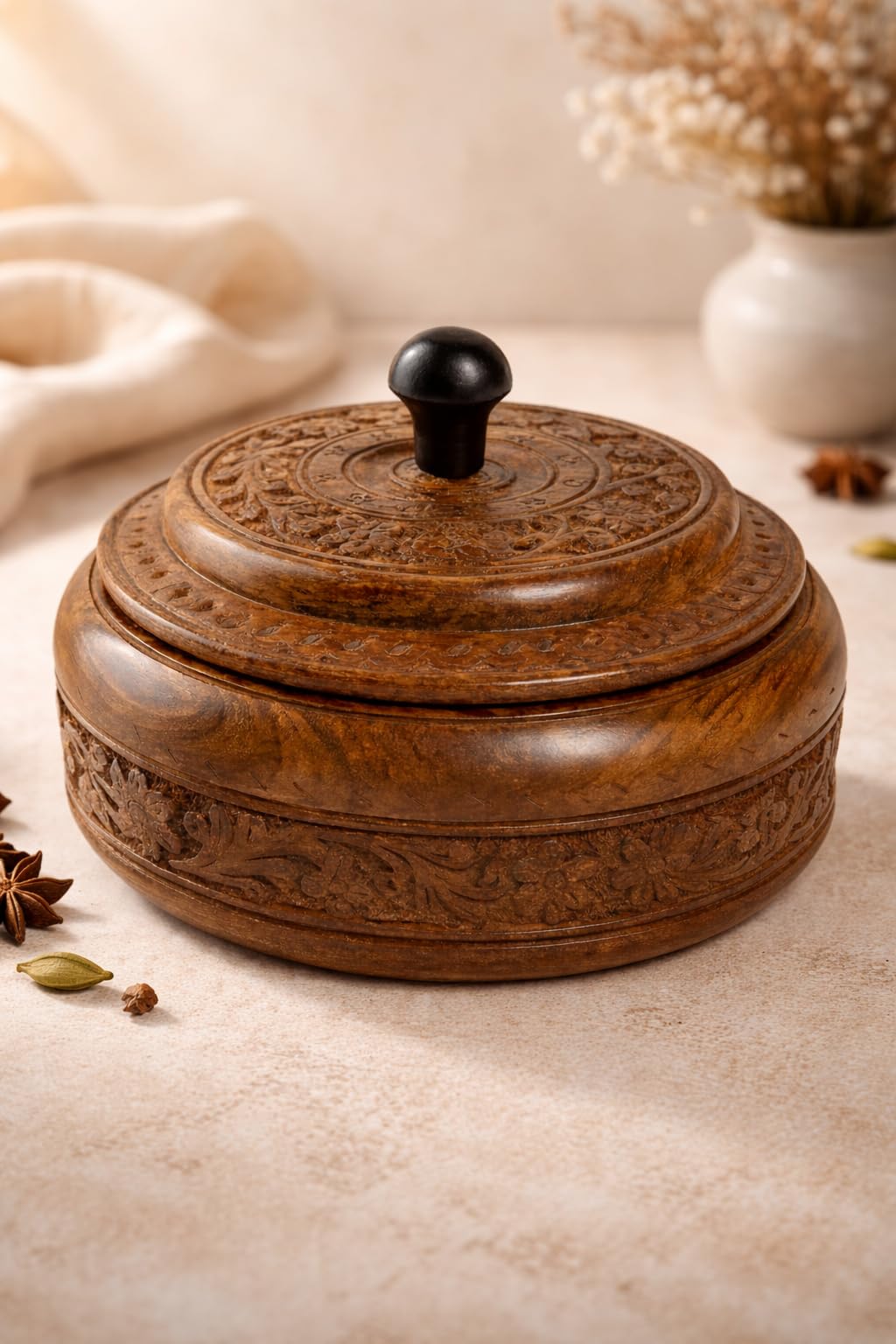 Handcrafted Sheesham Wood Dry Fruit Box with Lid & 4 Compartments | Premium Carved Round Storage Container for Dry Fruits, Spices, Snacks & Gifting | Traditional Wooden Decorative Box (6 Inch)-image-24