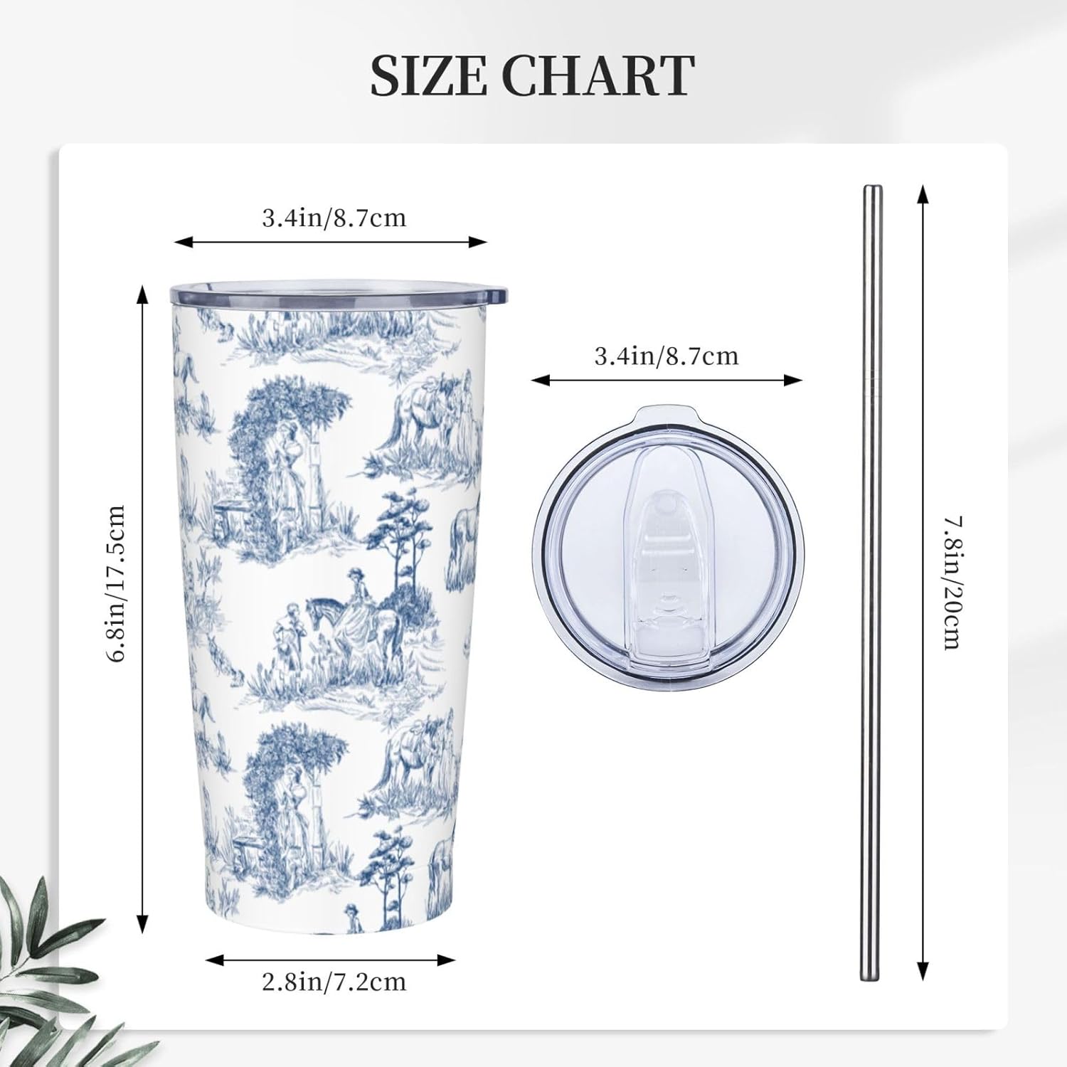 Blue Vintage Toile De Jouy 20oz Insulated Stainless Steel Tumbler With Lids And Straws Stainless Steel Double Wall Vacuum Insulated Travel Coffee Mug Leak-Proof Lid & Flip Lid For Hot And Cold Drinks - Image 3