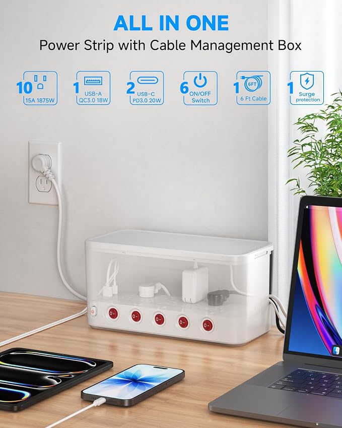 Regleta con organizador de cables blanco 10 salidas 3 USB miniatura 2