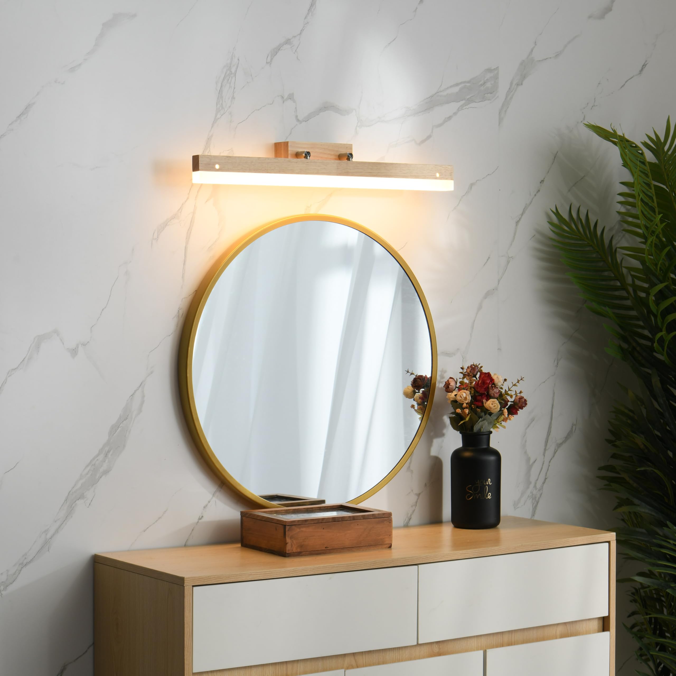 Aplique espejo baño 60cm 9W 720LM, luz espejo baño led Rotación de 180° Luz blanca cálida de 3000 K IP44 Impermeable, lampara espejo baño Aplique pared interior Madera (luz espejo baño)