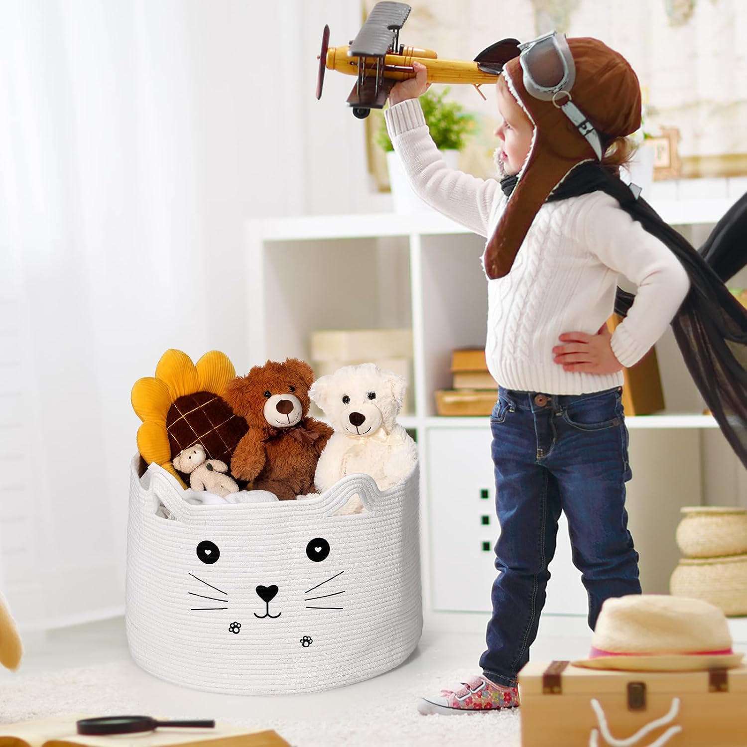 Zopeal Cat Basket Storage Woven Organizer with Ears Easter Decorative Gift Pet Toy Cute Cotton Rope Basket for Gift Cat Dog Toy Bin Nursery Room(21.7 x 13.8 Inch,White)
