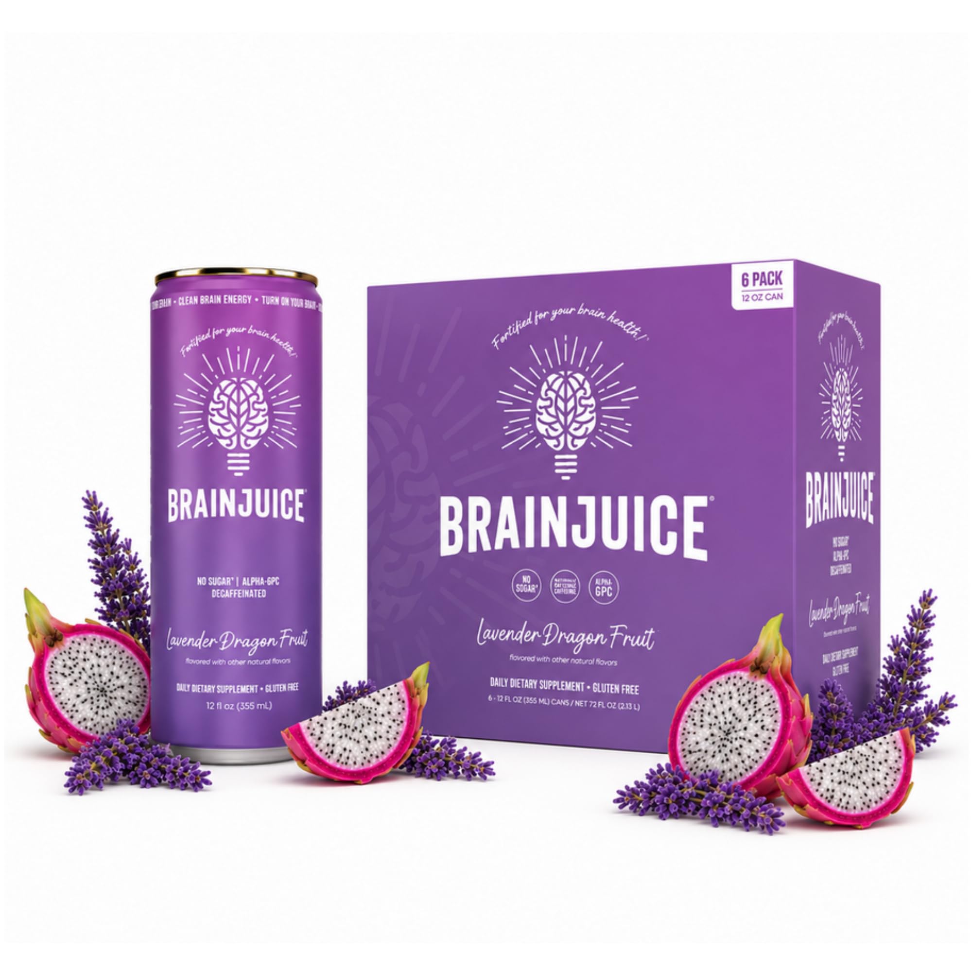 BrainJuice Daily Brain Supplement Drink with Vitamins, Amino Acids & Natural Green Tea | Sugar-Free, Vegan, Gluten-Free, Non-GMO, 12 fl oz (Lavender