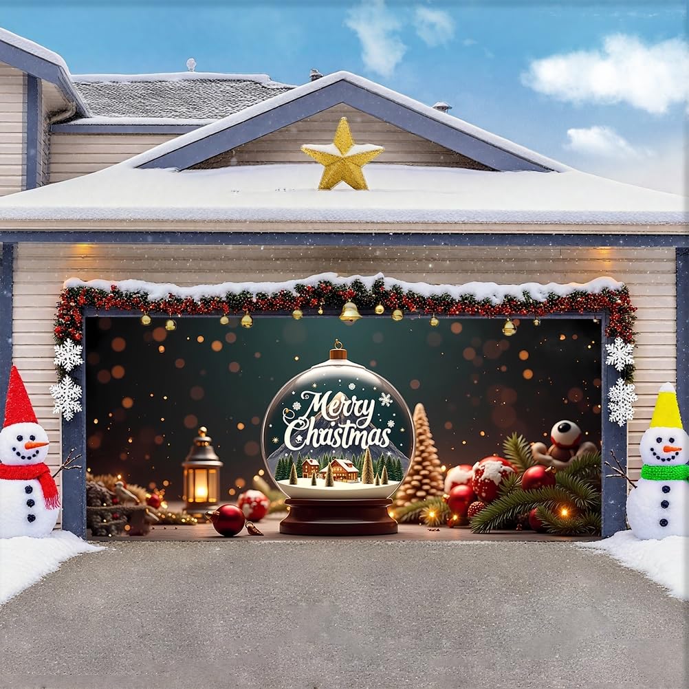 Zfflyh Christmas Ball Christmas Garage Door Cover Large Garage Door Banner Christmas Decoration Backdrop For Holiday Party Indoor Outdoor House Decoration,,8X7ft