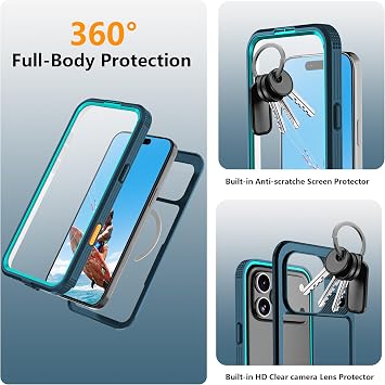 iPhone 17 Pro用 磁気クリア頑丈なケース - ビルトインスクリーンカメラレンズプロテクター、防水防塵ヘビーデューティーフルボディ保護ミリタリーグレード携帯電話カバーティールグリーン