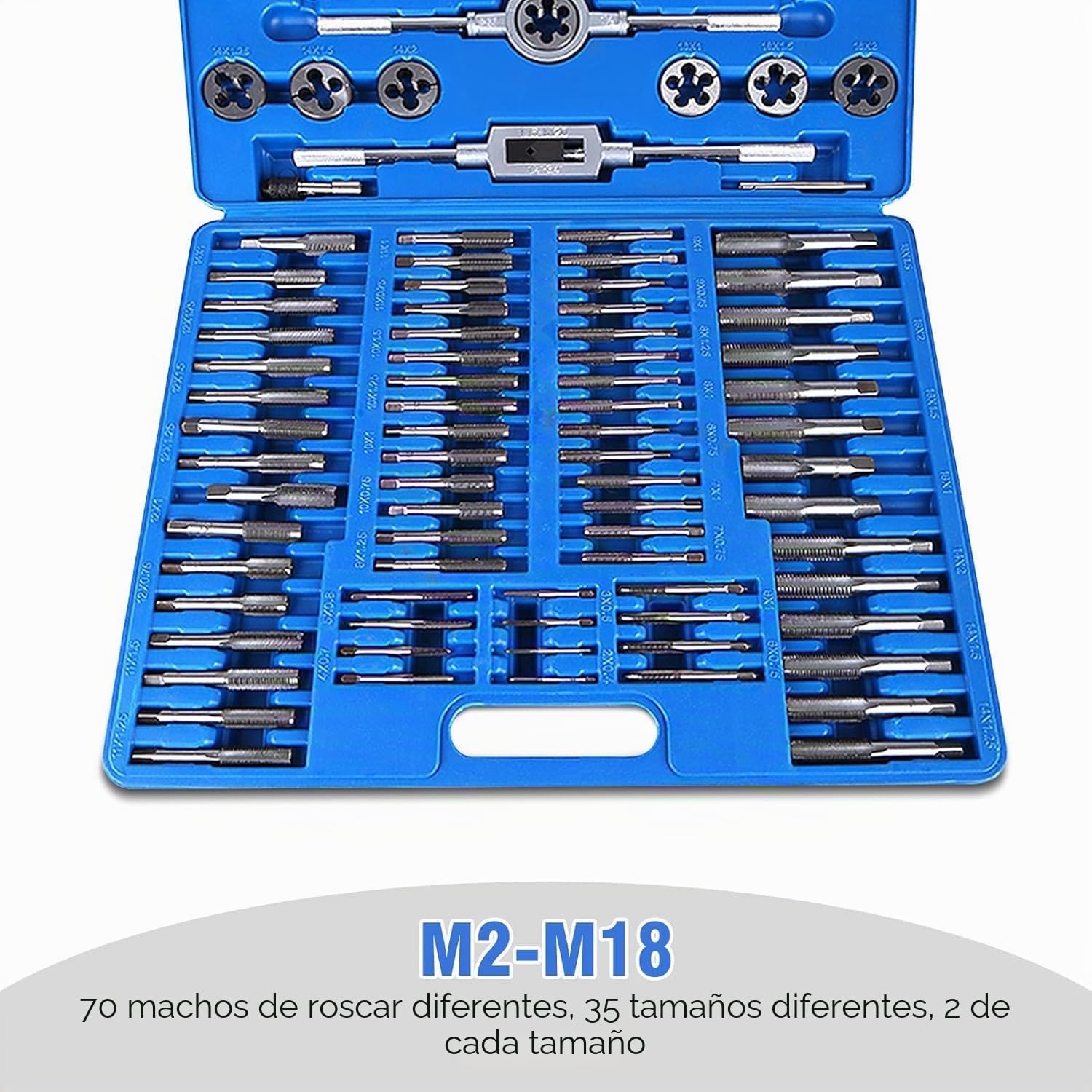 Juego profesional de 110 piezas de machos y troqueles de acero HSS de alta dureza M2-M18, juego de troqueles de rosca, multifuncional, resistente, con mango de llave y funda firme para trabajo