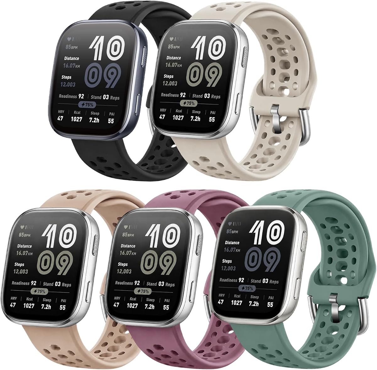 Correas de reloj compatibles con Amazfit Bip 6/Bip 5/Active Max/Balance 2/Balance, paquete de 5 correas deportivas de repuesto de silicona suave de 22 mm para Amazfit GTR 4/3/3 Pro/2/2e/GTR 47 mm, accesorio para mujeres y hombres