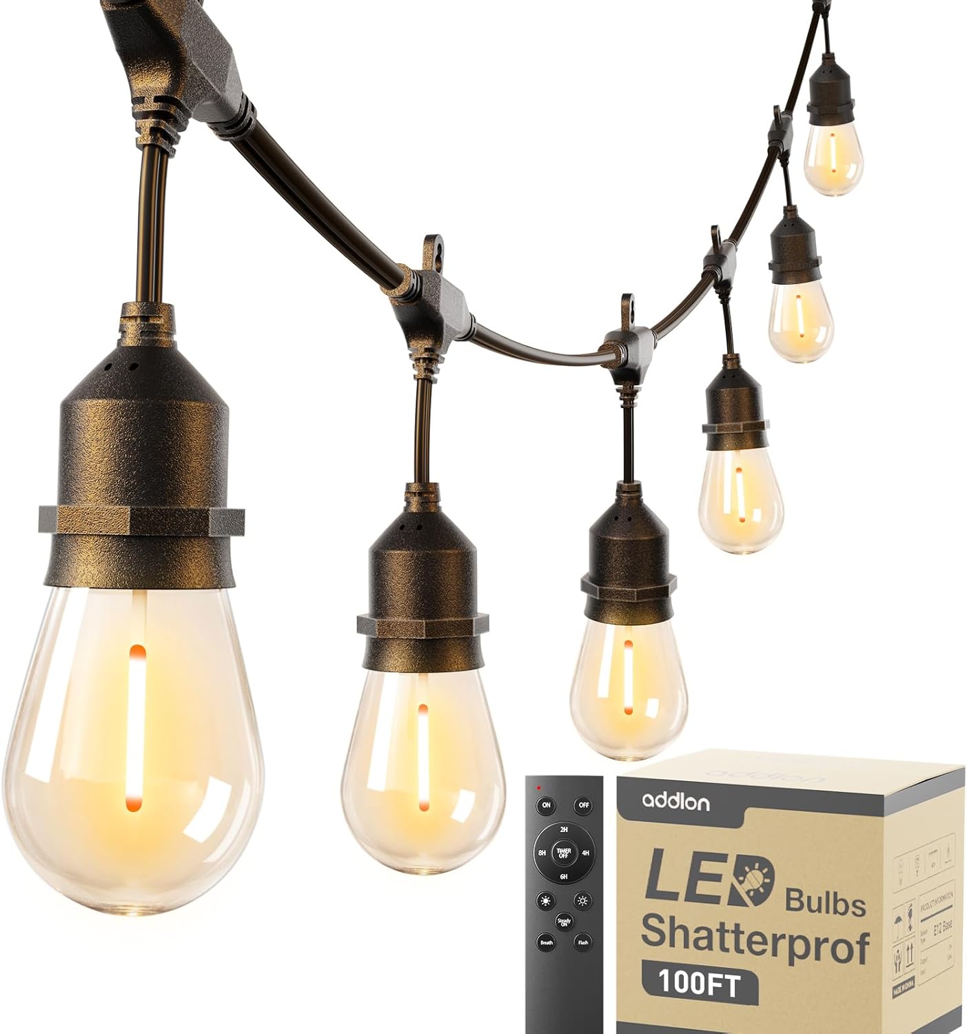 addlon 100FT Outdoor String Lights LED with Remote Dimmable Patio Lights Waterproof Shatterproof with 50 Edison Bulbs for Outside Backyard Porch Garden Bistro Pergola Party Decor, Warm Lighting