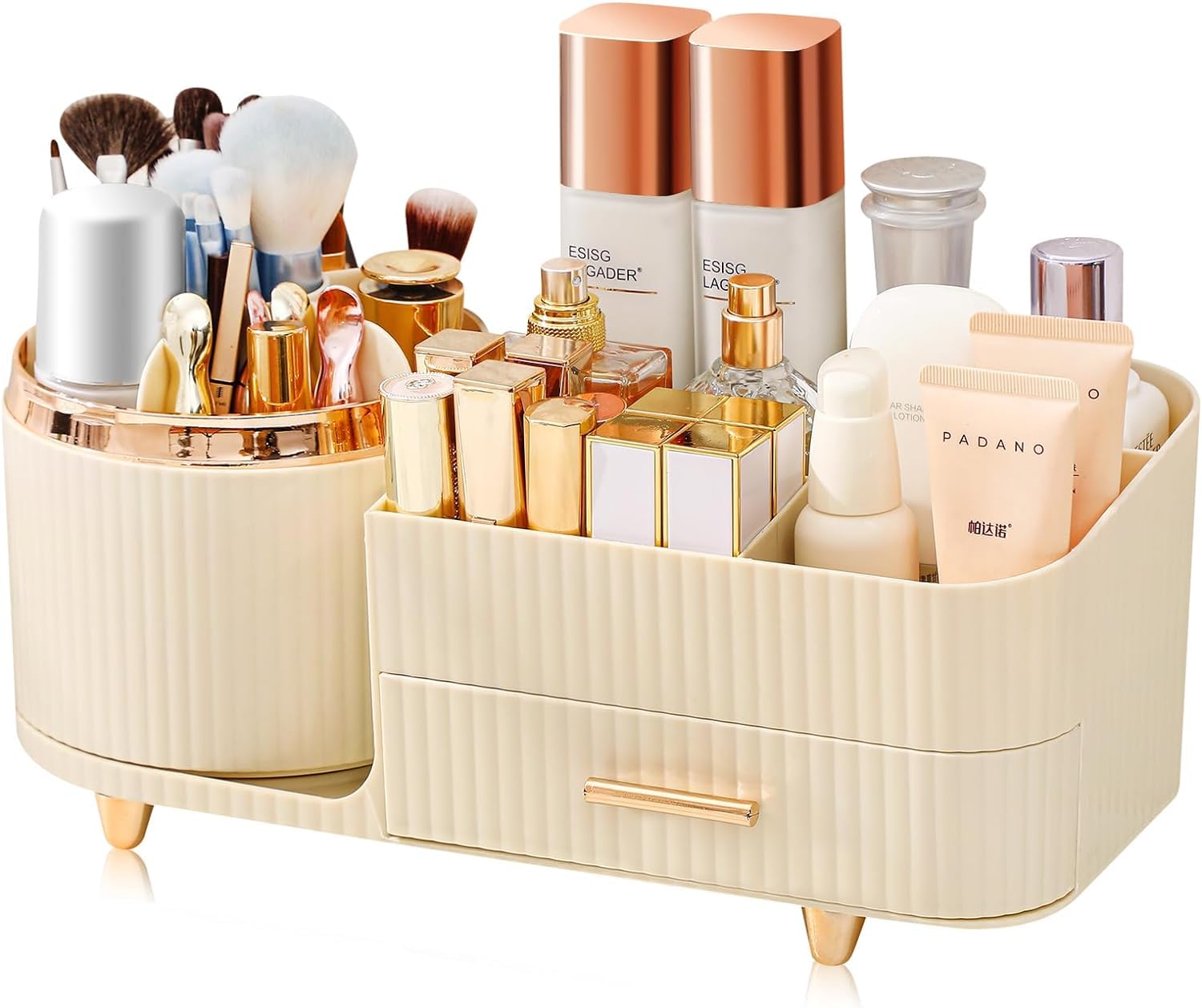 Niefeel Makeup Organizer- 360° Rotating Makeup Organizer for Vanity with Drawers, Large Capacity Cosmetic Display Cases, Cosmetic Organizer for Skincare, Brushes, Eyeshadow, Lipstick (Cream White)