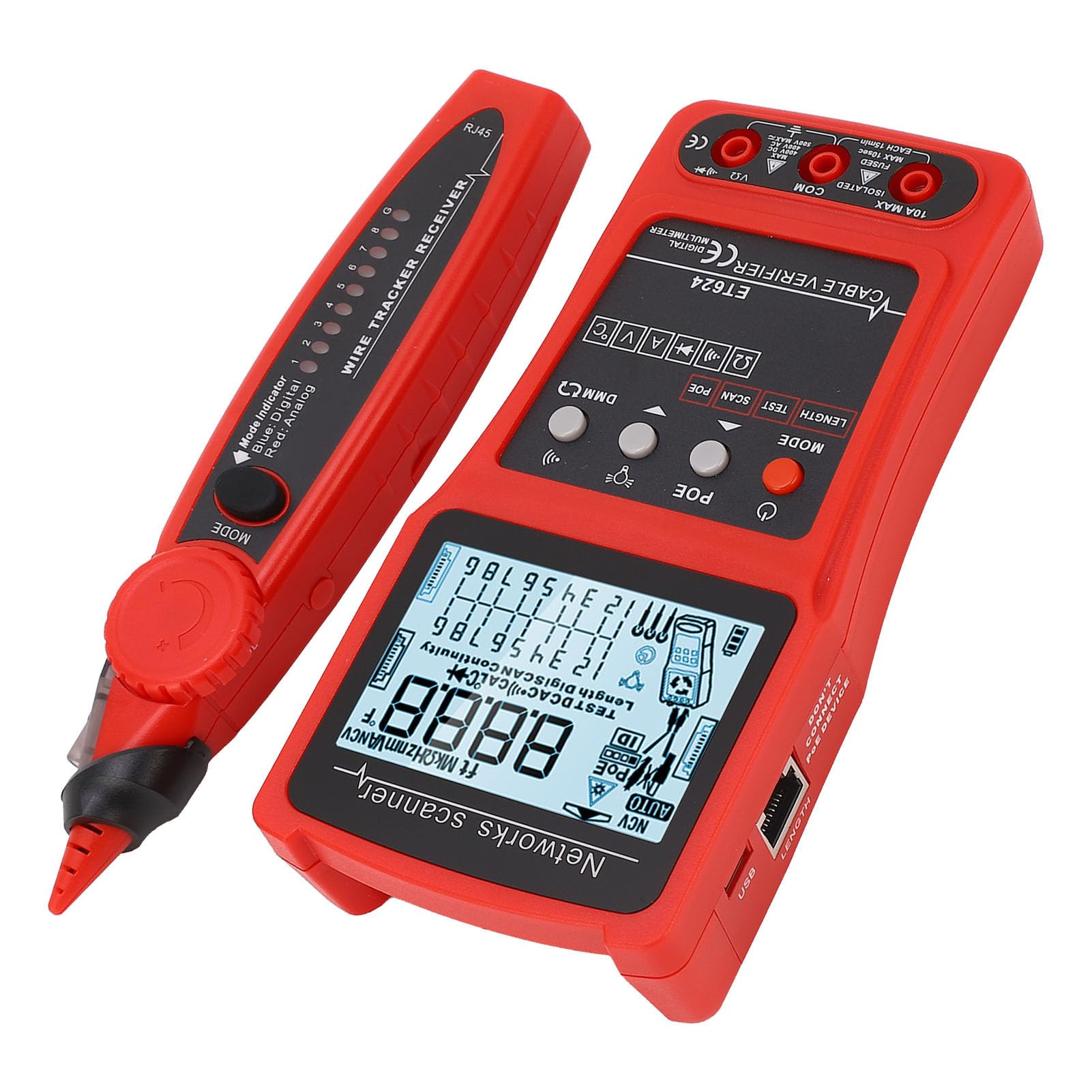 Yinhing Multifunktionaler Wire -Kabeltester mit POE-Prüfung, Digitaler Schaltkreisanalysator mit Eingebauter Batterie für CAT5- und CAT6-Ethernet-Kabel, Spannungsprüfung, Fehlerort und -länge