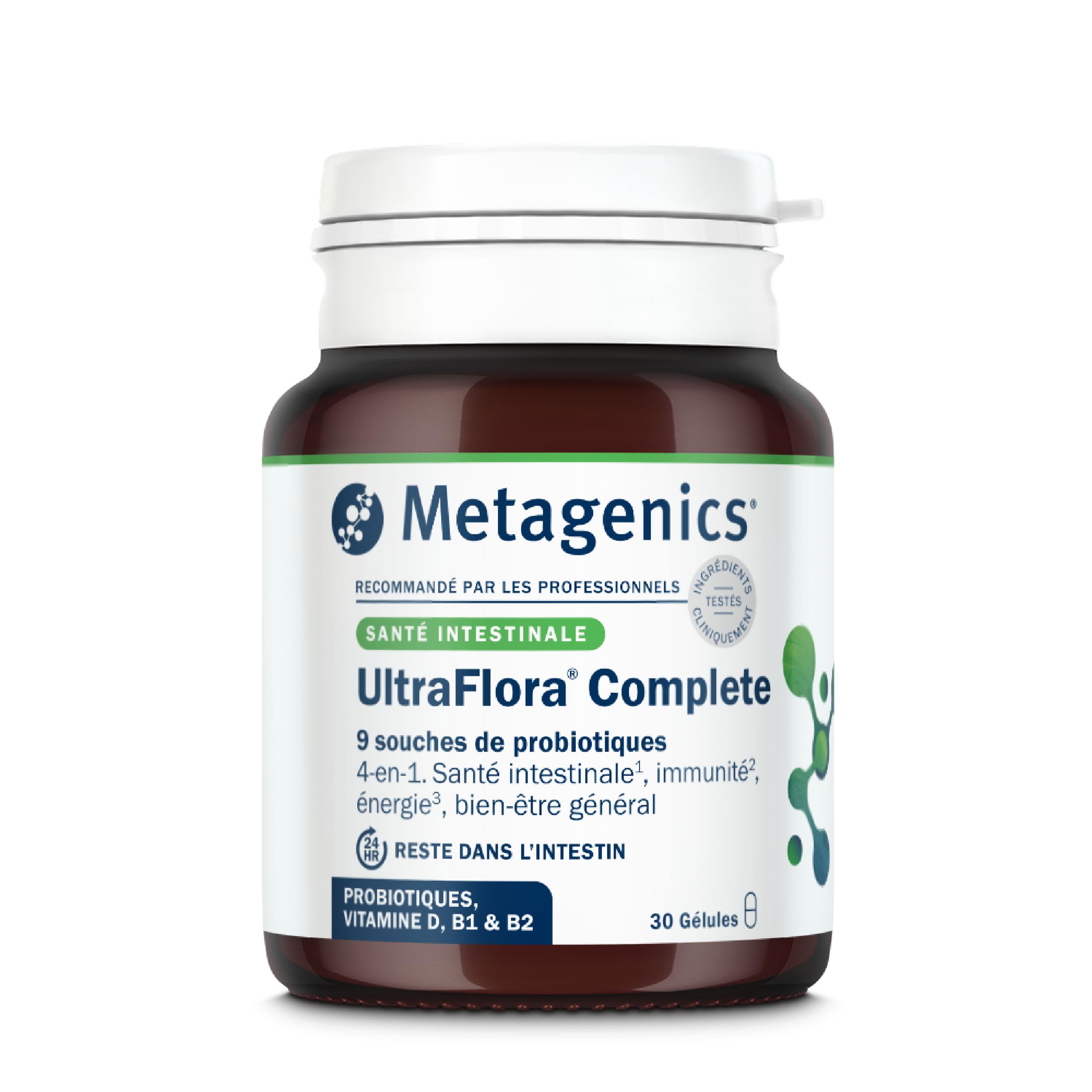Metagenics UltraFlora Complete, Probiotiques Vit. D B1 B2, 30 Gélules | Ferments lactiques avec vitamines D, B1 et B2. La vitamine D contribue au fonctionnement normal du système immunitaire.