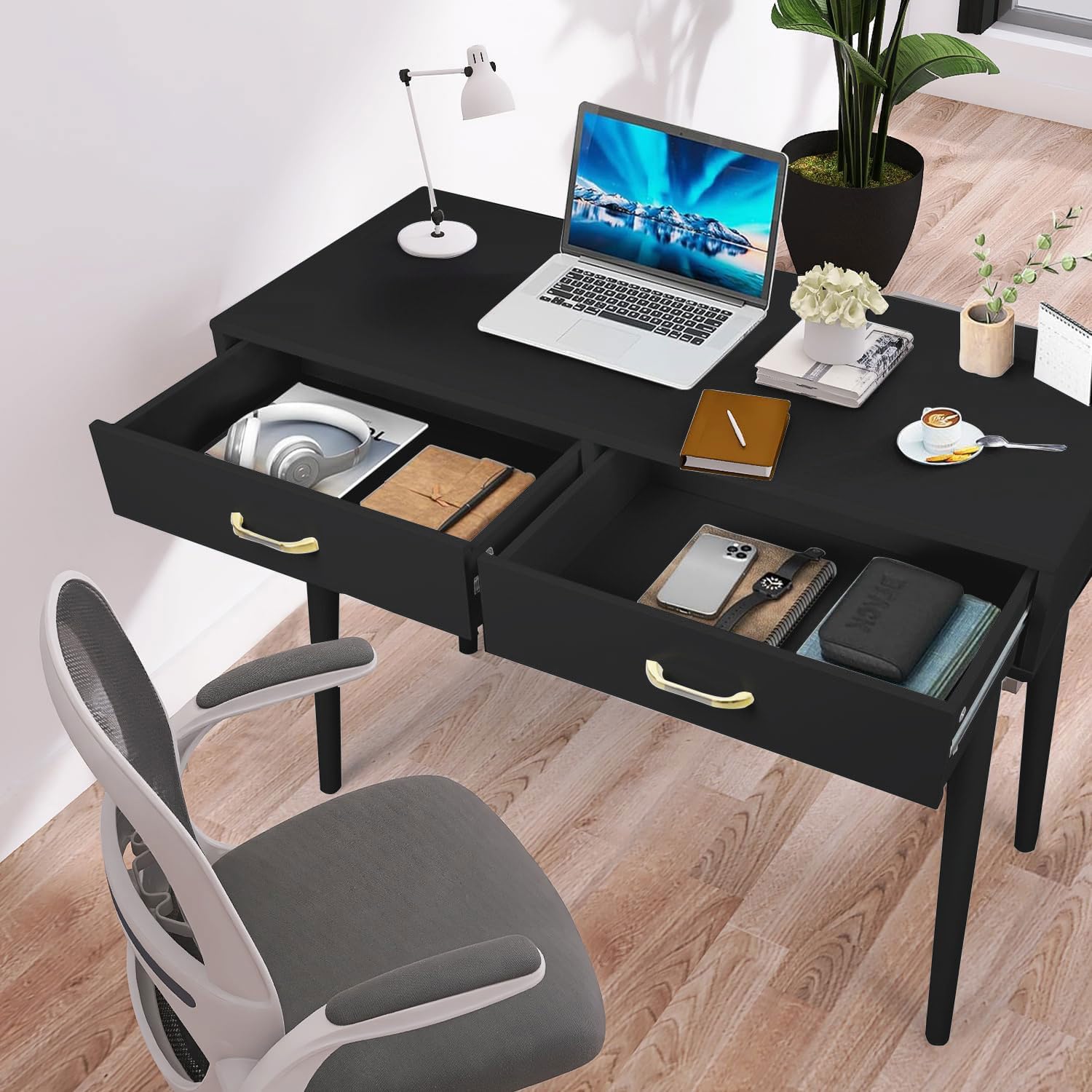 Small Black Desk with 2 Drawers, Modern Writing Desk for Small Spaces, Home Office Desk for Study, Laptop Computer Desk for Work, Makeup Vanity Table for Bedroom (Jet Black)