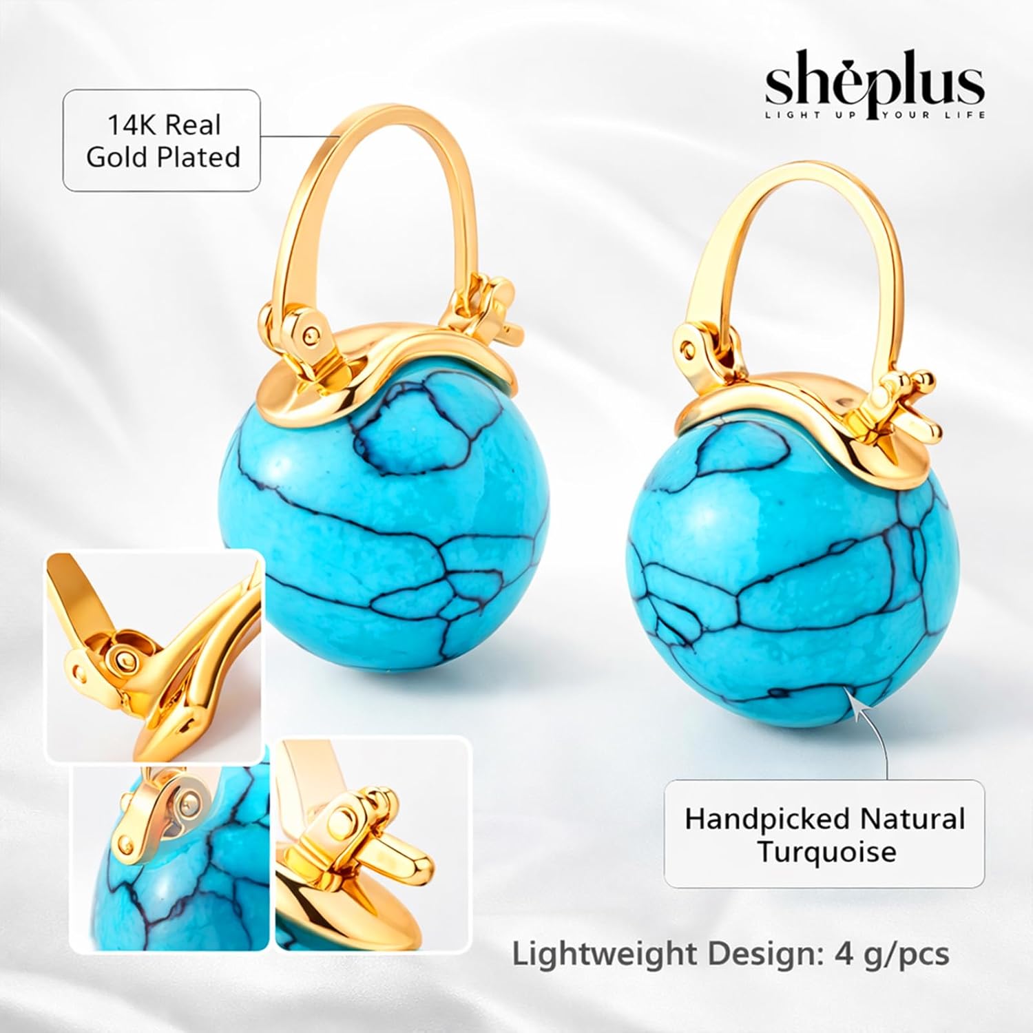 Birthday Gift for Women Natural Turquoise Huggie Hoop Earrings 14k Real Gold Plated Hypoallergenic Waterproof Western Country Jewelry