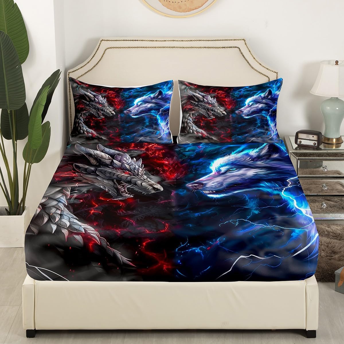 3D Dragon Kids Fitted Sheet Full Size,Western Dragon Wild Wolf Jungle Animal Hunting Bedding Set,Boys Men Room Decor,Red Blue Lightning Bed Cover,Blue Grey Bed Sheet,2 Pillowcases
