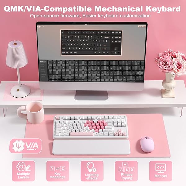 YUNZII B87 Wireless Mechanical Keyboard,QMK/VIA Software Custom Gaming,Gasket RGB Keyboard with Cute MOA Keycaps,Wrist Rest,BT5.0/2.4G/USB-C NKRO for Win/Mac (white heart, milk v2 linear) - 5