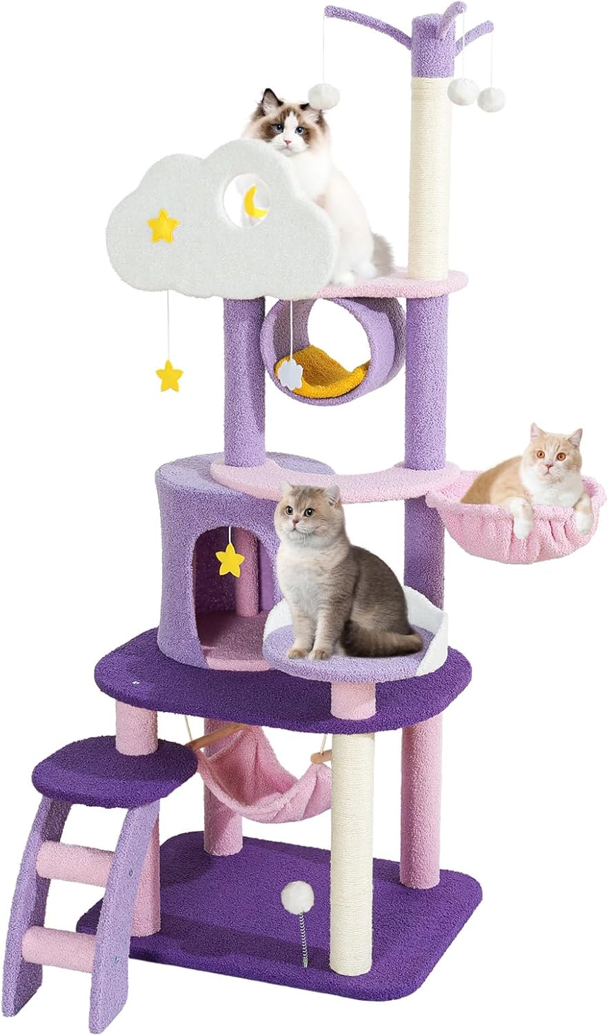 Lucky Monet Cute Cat Tower 65 Inches, Unique Cat Tree Large Tall for Indoor Cats, Purple Pink Cloud Big Cat Tree Cat Castle Mansion Condo for Large Cats Activity Trees with Scratching Post Hammock