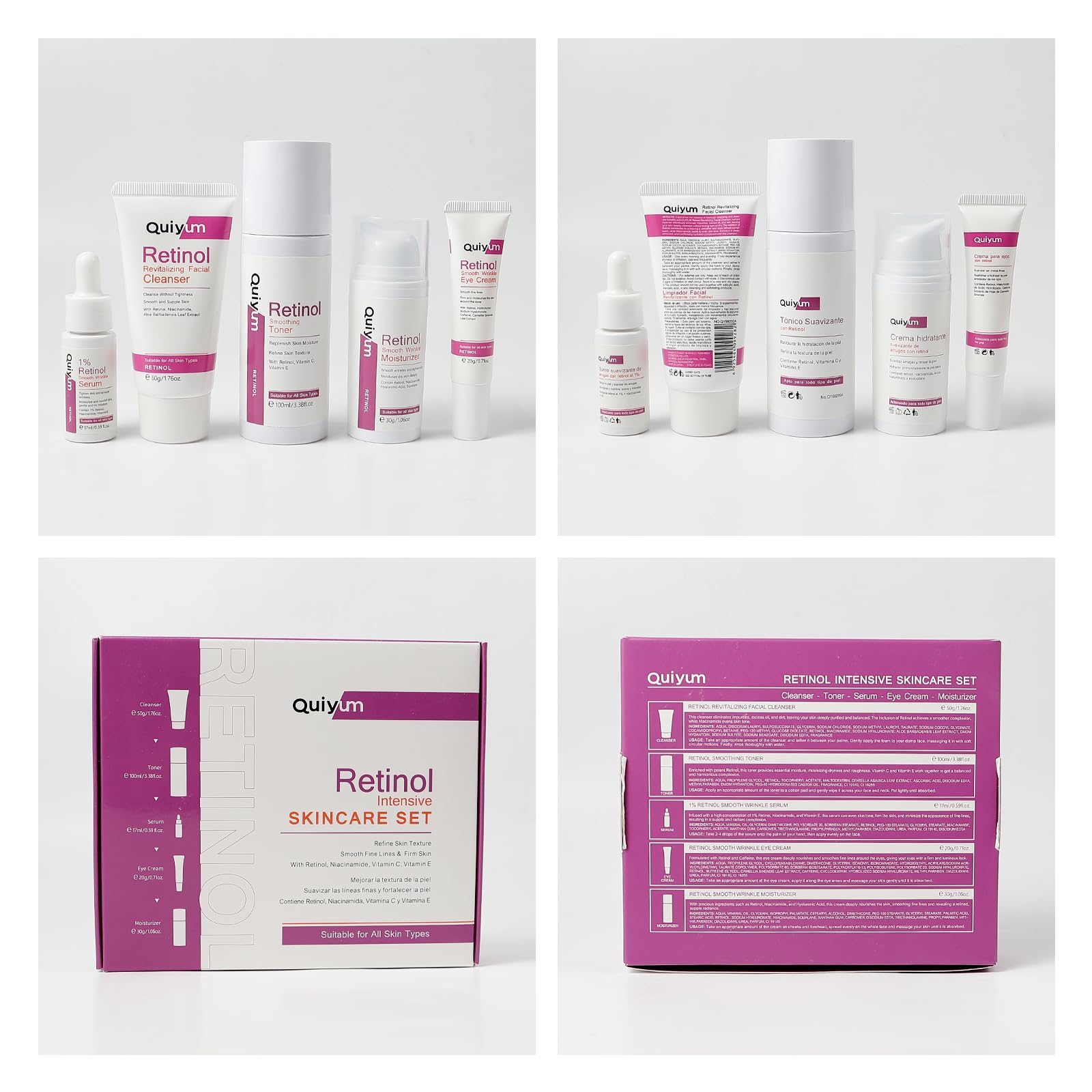 QUIYUM Kit de cuidado facial con retinol para mujer, set skincare | antiedad y antiarrugas de 5 piezas con limpiador, tónico, sérum, crema de ojos e hidratante